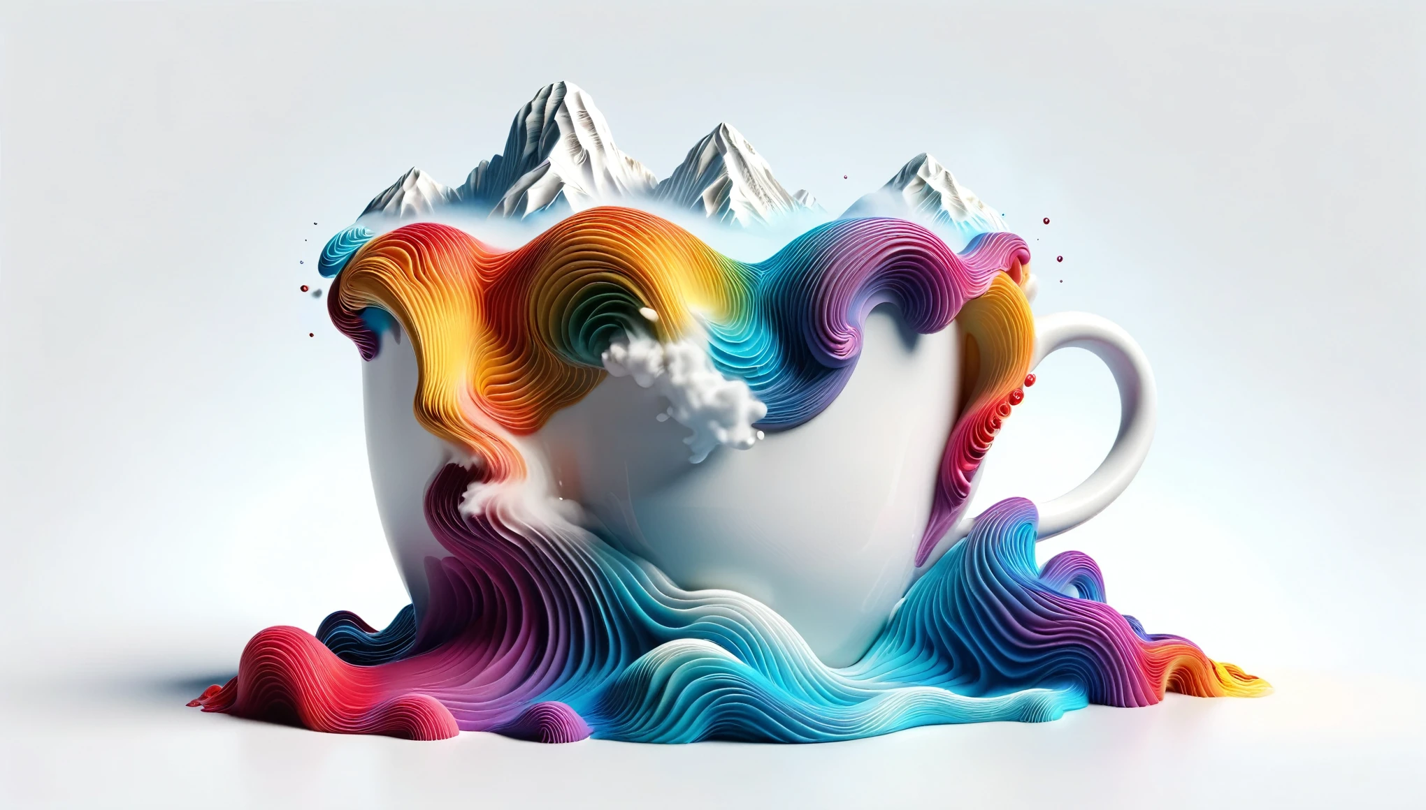 solid white background, 3d, 3d render, highly detailed, vibrant colors, miniature clear coffee cup, fancy liquid in shape of landscape waves inside cup, 8k, steam rising,