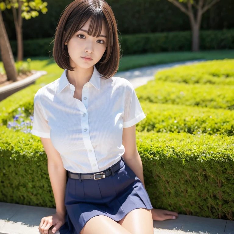 Realistic, High resolution, 1 female, Hip-up illustration enlarged、Beautiful Eyes, The eyes are round, Brown short hair ,High School Uniform、Blue Shirt, Without skirt、Short tie,Purple underwear,squat, Spread your legs,Camel Toe