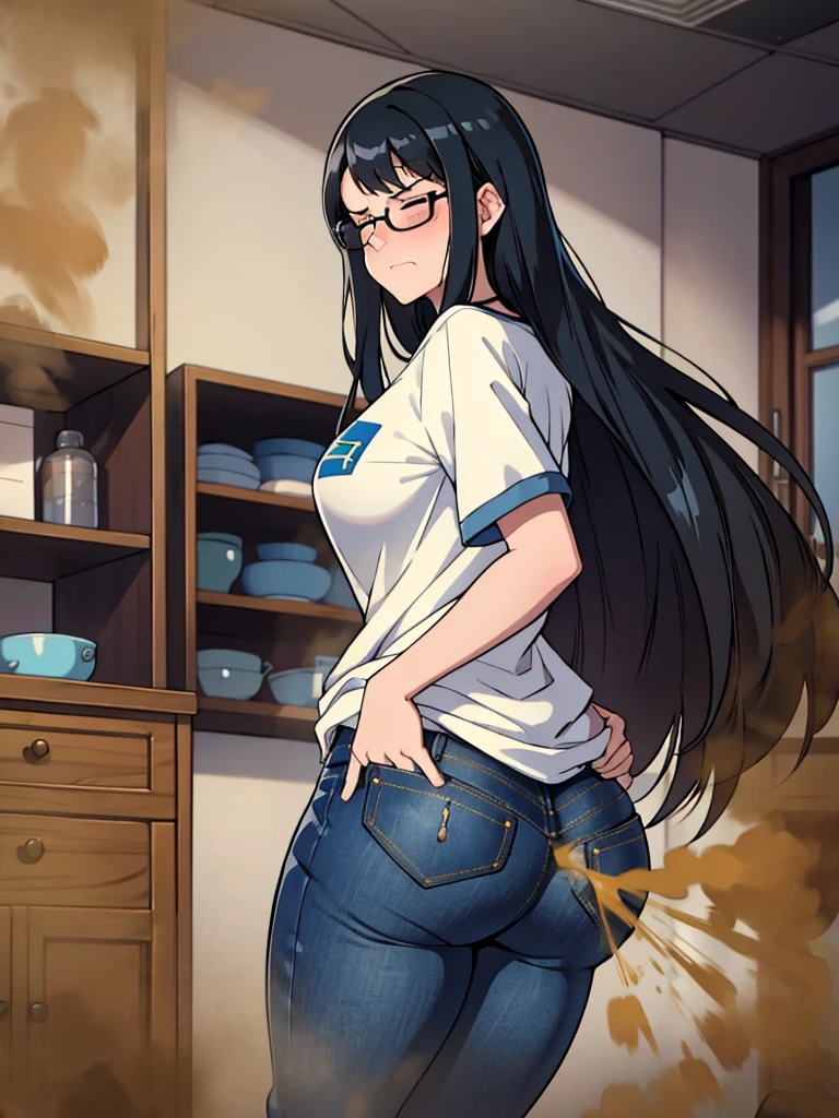 masterpiece, 最高masterpiece, High Resolution, One girl, pooping, ccaoko, long hair, brown hair, turtleneck, blue sweater, ribbed sweater, long sleeves, black pants, Aozaki Aoko, farting, Ass, hyper Ass, huge Ass, to the good,