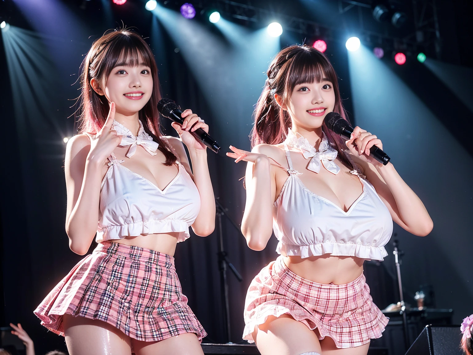 masterpiece, Highest quality, Beautiful face and eyes in every detail, Two Girls, Cute idol, Cool Idol, Event Stage, Cool idol costumes, sing, Laughter,Large Breasts(Huge breasts:1.8)