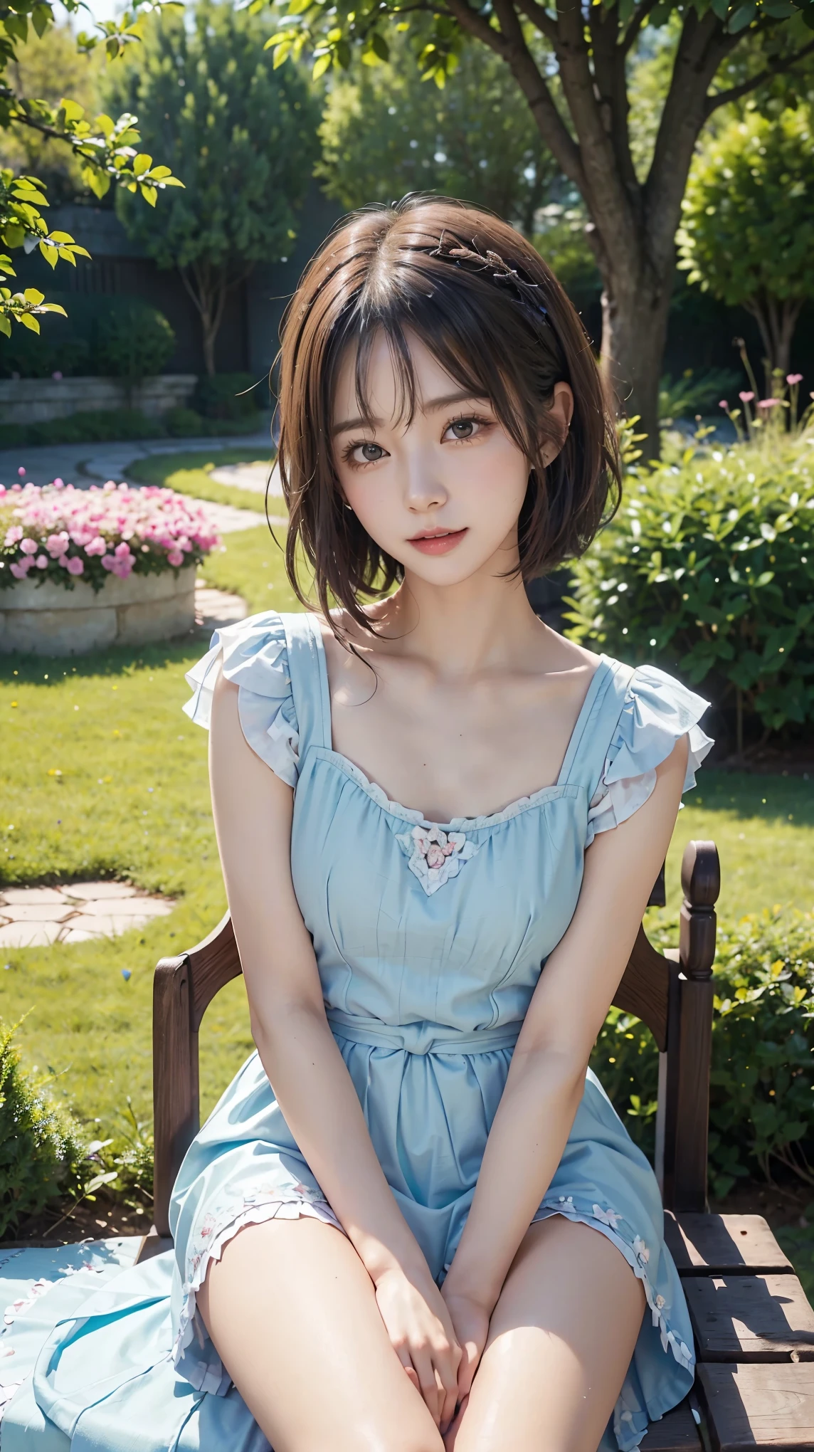 Beautiful 18 year old Japanese woman), cute face, (deeply carved face:0.7), (freckles:0.6), soft light,healthy white skin, shy, (serious face), thin, smile, japanese , ponytail, wearing blue dress.