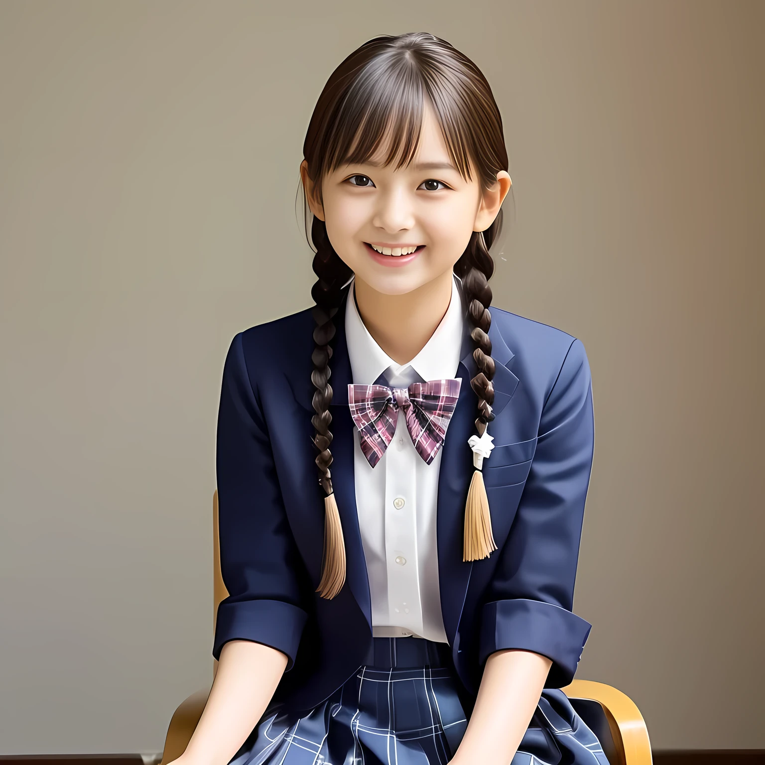 (Highest quality, masterpiece:1.2), Highest quality, High resolution, 1080P, 8k, height: 158cm, Solo, (Alone, A noble, graceful and intelligent kawaii Japanese too-white-skin a-pair-of-braid 1980's famous actress is seated and being interviewed and smiling at me with extreme beatitude, expressing her happiness to me with her kawaii supreme, promoting school uniform designed by Hanae Mori: 1.8), (background is complete black: 1.0), (Amazed, double-eyelids, completely balanced, brown wet large dreaming eyes with detailed beautifully: 1.6), (Drives me crazy for her navy-colored neat tartan checkered blue skirts and make me fall into her navy-colored tartan checkered skirt: 1.2), (Fine white skin that looks like she has never been out of home: 1.6), (Navy colored school uniform blazer: 1.6), (Navy blue pleated school uniform tartan checkered skirt: 1.5), (Plain-red school ribbon on the breast), (Light-Sky-blue background), (Girl whom everyone loves because of her beauty and neat school fashion and noble manner and magic-charm of succubus: 1.7), full body shot, (jolly face expression), (evenly cut curled bangs)