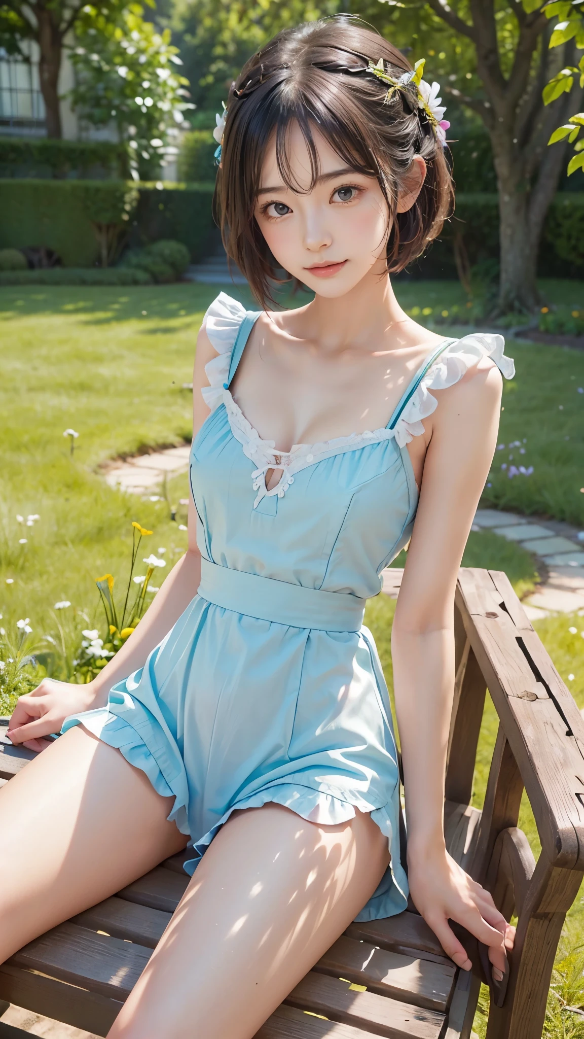 very cute and beautiful girl standing near window,(blue plaid summer dress with detailed frills),sleeveless,detailed lace,skirt lift,(white panties), (highly detailed beautiful face),beach,wooden floating cottage, cowboy shot,(smile:1.2),blush,looking at viewer,medium hair,black hair, (best quality,masterpiece:1.2),absurdres,highres,ultra-detailed,extremely detailed,32k,8k resolution, intricate details,cinematic scene,detailed background,solo,dynamic angle, natural lighting,light particles,beautiful detailed sky,perfect hands,