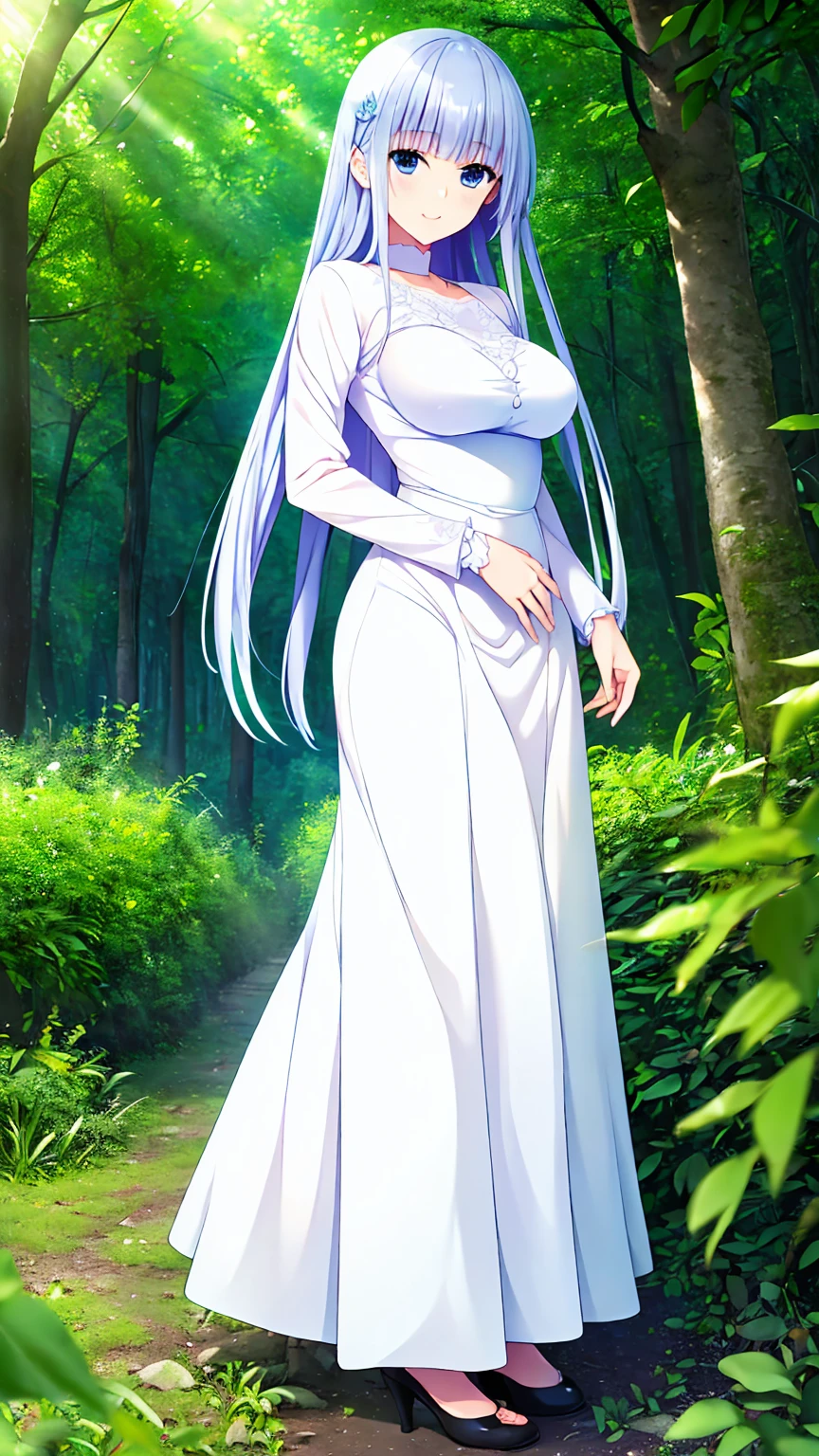 1 lady in the distance, (((((ultra quality, ultra detailed, ultra high resolution, ultra delicate, extreme detailed, 8k))))), masterpiece, anime, anime screencap, (((brightly colored))), solo, (((distant view))), (((in the lush forest))), sunlight filtering through the foliage, standing, close stance, full body, looking away, (((beautiful body))), long silver hair, blunt bangs, straight hair, hair ornaments, hair chains, blue eyes, kind smile, shiny skin, wearing white ball gown, [[[mermaid]]]-line, long sleeve, long skirt, medium breasts