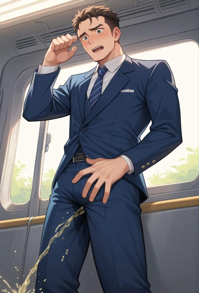 masterpiece, best quality, highres, nsfw, gay sex, uncensored, extremely detailed, lean guy, gang-rape guy, crying, short hair, work clothes, (cum on body, cum on anal:1.2), (penis:1.2), restrained, on the train, restrained, shackles, handcuffs, (holding on to the railing of the train), yaoi, (gangbang:1.5), (rape:1.4),