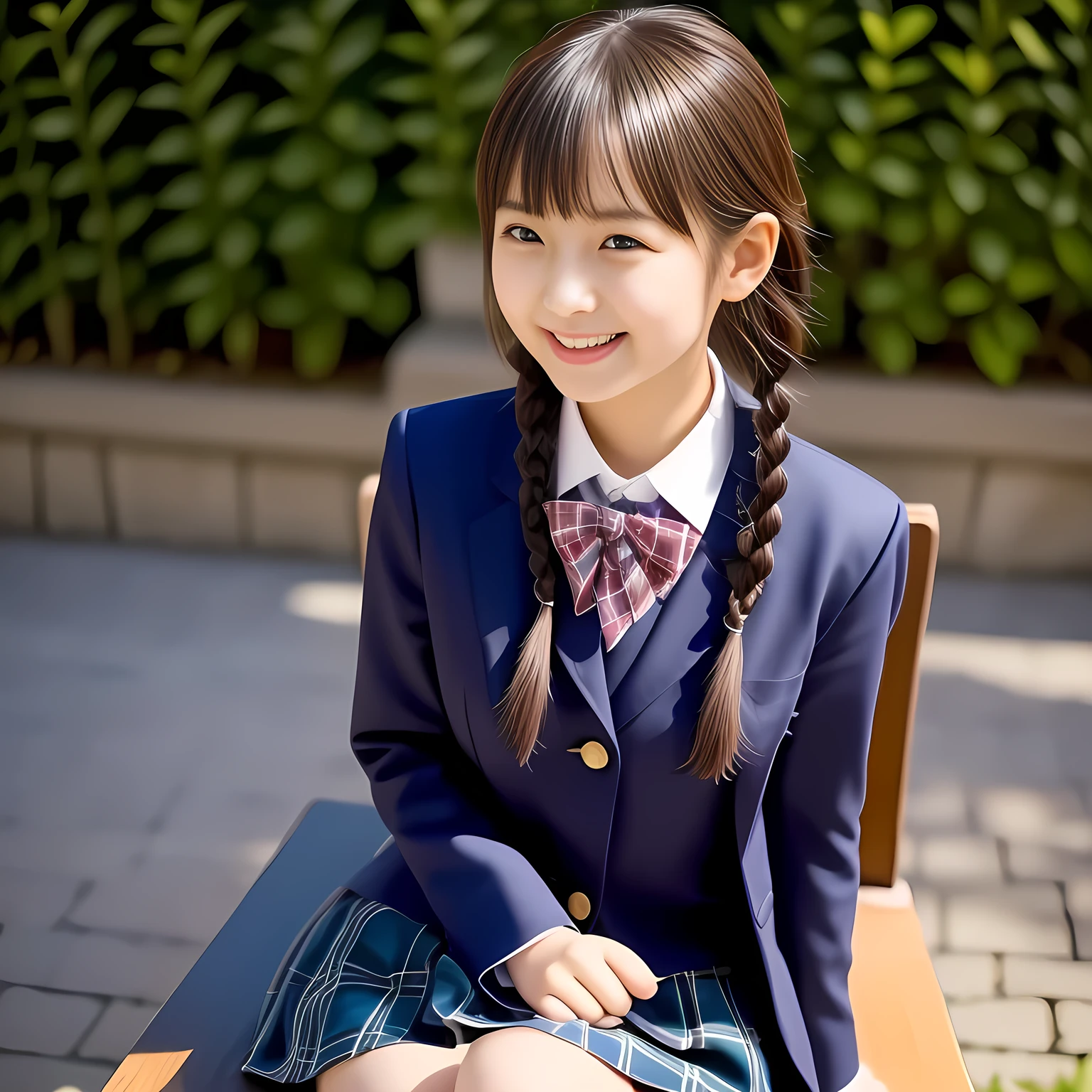 (Highest quality, masterpiece:1.2), Highest quality, High resolution, 1080P, 8k, height: 158cm, Solo, (Alone, A noble, graceful and intelligent kawaii Japanese too-white-skin a-pair-of-braid 1990's popular Japanese idle is seated and being interviewed and smiling at me with extreme beatitude, expressing her happiness to me with her kawaii supreme, promoting school uniform designed by Hanae Mori: 1.8), (background is complete black: 1.0), (Amazed, double-eyelids, completely balanced, brown wet large dreaming eyes with detailed beautifully: 1.6), (Drives me crazy for her navy-colored neat tartan checkered blue skirts and make me fall into her navy-colored tartan checkered skirt: 1.2), (Fine white skin that looks like she has never been out of home: 1.6), (Navy colored school uniform blazer: 1.6), (Navy blue pleated school uniform tartan checkered skirt: 1.5), (Plain-red school ribbon on the breast), (Light-Sky-blue background), (Girl whom everyone loves because of her beauty and neat school fashion and noble manner and magic-charm of succubus: 1.7), full body shot, (jolly face expression), (evenly cut curled bangs)