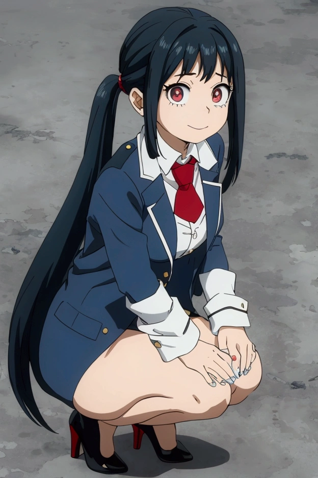 1girl, eri (custom), blue hair in messy bangs, large red eyes, goat horn on right forehead, 110cm tall, wearing white blouse, black business suit jacket on shoulders, black pants, black high heels, blue bikini top, blue bikini bottom, formal, hand on chin, looking up at viewer, light smile, medium breasts, braids in pigtails, fingernails painted red, outdoor setting with cityscape in Include a few strands of her messy blue bangs falling across her face, framing her innocent-looking yet slightly mischievous red eyes


Her white blouse is buttoned up to the collar, but the jacket is slung over her shoulders, giving a sense of informality to her otherwise professional attire


The blue bikini top underneath is barely visible, peeking out from under the jacket collar, adding a touch of naughtiness to the overall scene


Her black high heels make her look even smaller and more vulnerable against the urban backdrop, highlighting her childlike appearance