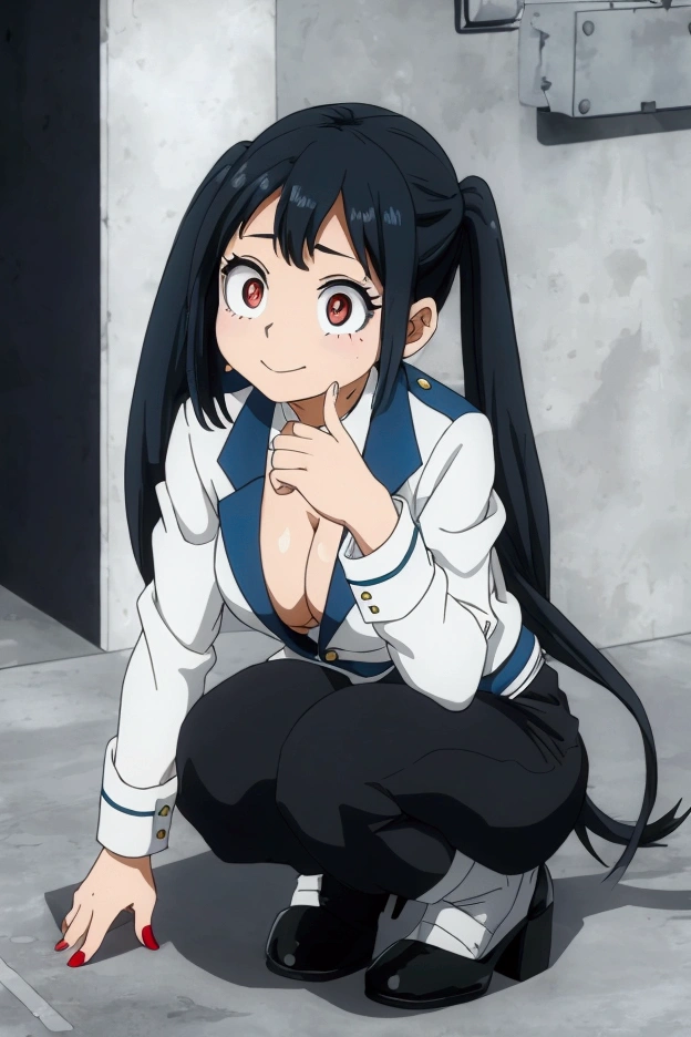 1girl, eri (custom), blue hair in messy bangs, large red eyes, goat horn on right forehead, 110cm tall, wearing white blouse, black business suit jacket on shoulders, black pants, black high heels, blue bikini top, blue bikini bottom, formal, hand on chin, looking up at viewer, light smile, medium breasts, braids in pigtails, fingernails painted red, outdoor setting with cityscape in Include a few strands of her messy blue bangs falling across her face, framing her innocent-looking yet slightly mischievous red eyes


Her white blouse is buttoned up to the collar, but the jacket is slung over her shoulders, giving a sense of informality to her otherwise professional attire


The blue bikini top underneath is barely visible, peeking out from under the jacket collar, adding a touch of naughtiness to the overall scene


Her black high heels make her look even smaller and more vulnerable against the urban backdrop, highlighting her childlike appearance