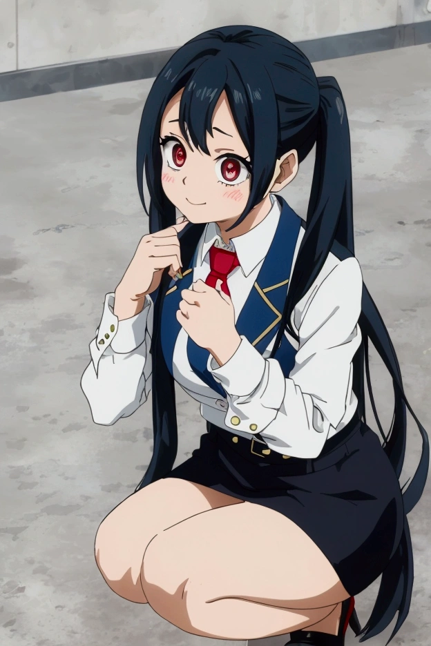 1girl, eri (custom), blue hair in messy bangs, large red eyes, goat horn on right forehead, 110cm tall, wearing white blouse, black business suit jacket on shoulders, black pants, black high heels, blue bikini top, blue bikini bottom, formal, hand on chin, looking up at viewer, light smile, medium breasts, braids in pigtails, fingernails painted red, outdoor setting with cityscape in Include a few strands of her messy blue bangs falling across her face, framing her innocent-looking yet slightly mischievous red eyes


Her white blouse is buttoned up to the collar, but the jacket is slung over her shoulders, giving a sense of informality to her otherwise professional attire


The blue bikini top underneath is barely visible, peeking out from under the jacket collar, adding a touch of naughtiness to the overall scene


Her black high heels make her look even smaller and more vulnerable against the urban backdrop, highlighting her childlike appearance