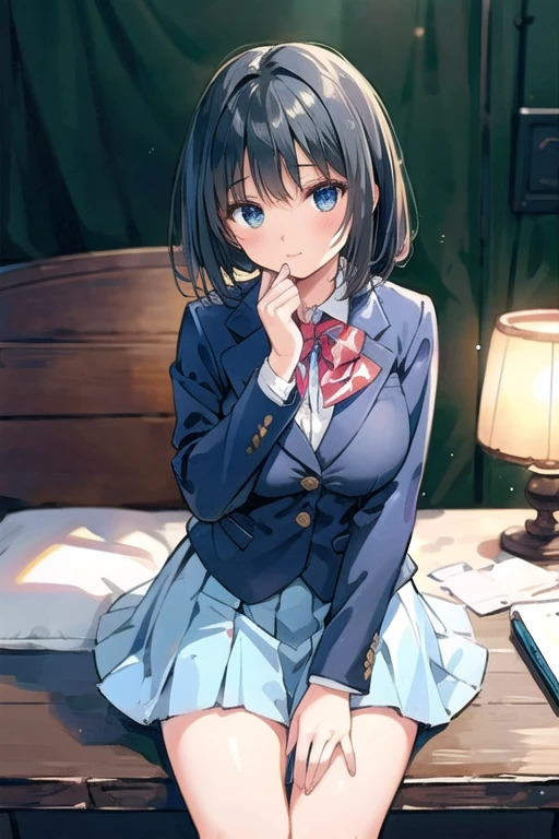 Beautiful illustrations、blazer, school uniform,(masterpiece、Best Quality、8k ), (Beautiful details), High resolution face, Perfect lighting, Extremely detailed CG, (Perfect hands, Perfect Anatomy), One Girl, Girl,Big Breasts, Bobcut, Black Hair, Nogiza Idol、Thighs、A pose that attracts men、