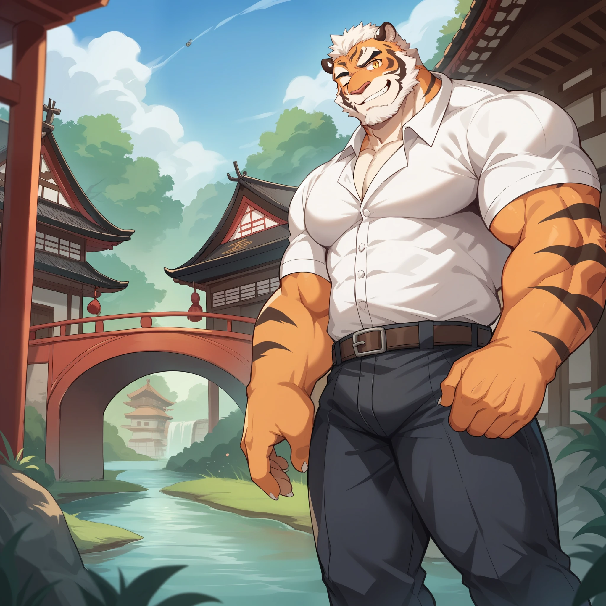 Scribble tiger face,Human(tiger),(White shirt:1.3),Muscular,(Black eyebrows:1.1),(White hair)，（Perfect golden eyes）,Orange fur，White belly，（artist:Takemoto Arashi），Ancient Town，River Water，Standing on the bridge，Turn sideways，（white beard:1.3），（Hips raised:1.3），Smile，Close one eye