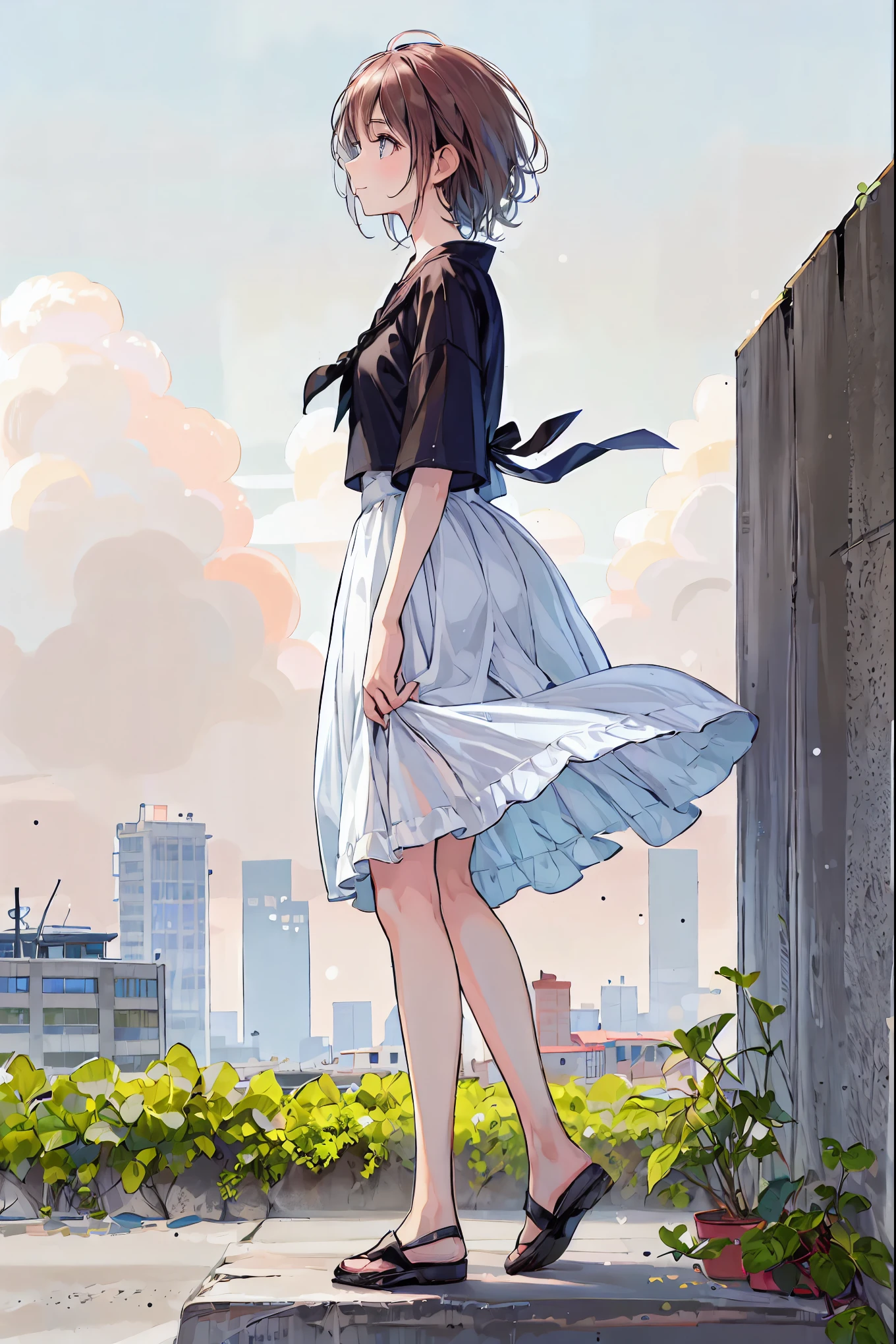 (Best Quality:2.0), ([profile:1.5), (Red face:1.3), (Realistic:1.5), 1 , rooftop、Tokyo Skytree、Strong winds，Concept Art、masterpiece、High resolution、Photographed from the front、There are no people，Embarrassed look, smile, Very nice girl, Innocent face, Young Face, Clear Eyes, Glowing eyes Beautiful skin, Super Resolution, 最High resolution，Japanese high school students, Black camisole，Beautiful sky, Bright Sky, Sunshine, Hanging Garden，Cumulonimbus，Brown Hair，Shortcuts，Messy Hair，Short braided hair，Neat，Slender beauty，A dignified posture，Small chest，Beautiful feet，Her captivating grey-blue eyes shine like stars，Vibrant colors,Beautiful Eyes,繊細なsmile,Textured Skin,Best Qualityを最高に,A kind and beautiful woman,Anime Style､