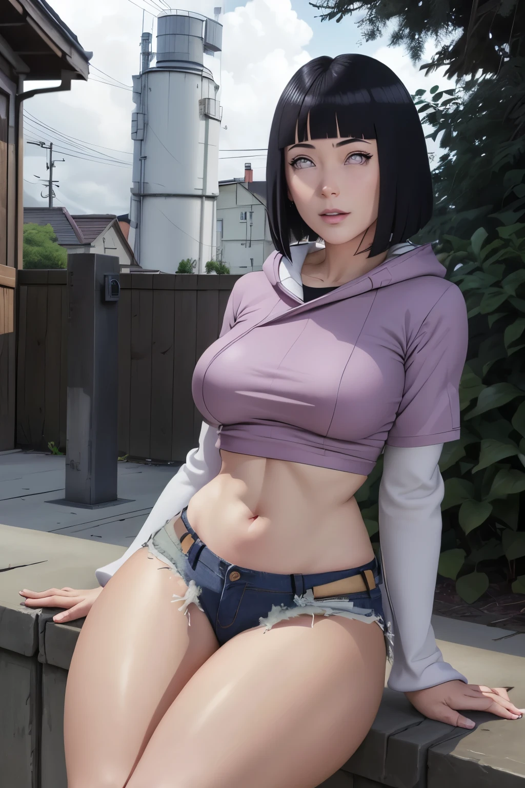 master part, absurderes, hinata\(boruto\), 1 girl, standing alone,mature woman, purple hoodie,layered sleeves, short brown jeans sexy, plein-air, cloudy sky, perfect composition, circumstantial lips, large breasted, pretty face, Body Proportion, blush, (pink lips), short black hair (black hairr), lilac eyes, smooth appearance, super realistico, circunstanciado, photoshoot, realistic face and body, realistic hair, realisticeyes, realistic nose, realistic lips, brown jeans, animadas, dancing lightly. on your back, with chin under shoulder, looking back sensually, sorriso sexy, mouth shut. different pose.