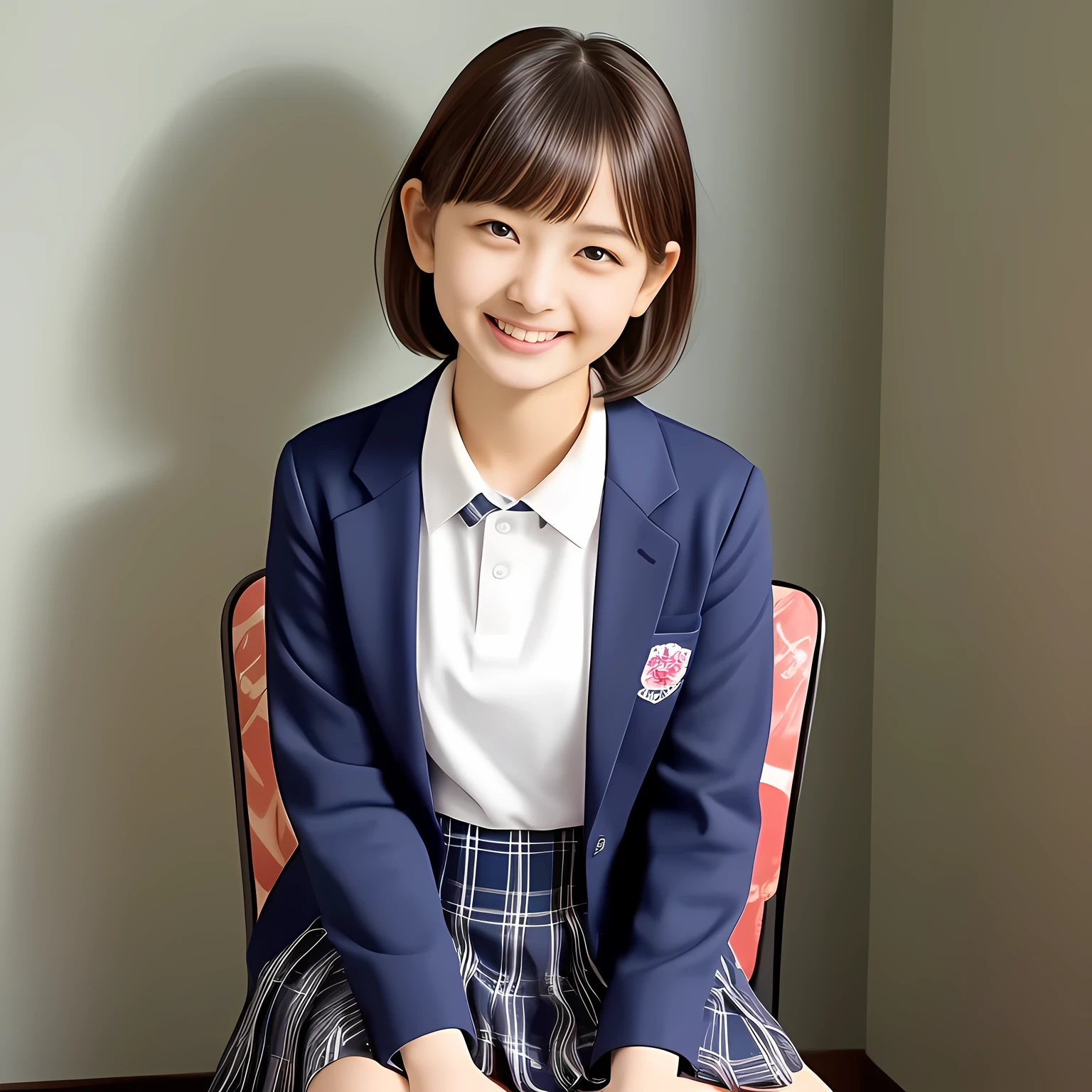(Highest quality, masterpiece:1.2), Highest quality, High resolution, 1080P, 8k, height: 158cm, Solo, (Alone, A noble, graceful and intelligent kawaii Japanese too-white-skin bob-haired 1990's popular Japanese idle is seated and being interviewed and smiling at me with extreme beatitude, expressing her happiness to me with her kawaii supreme, promoting school uniform designed by Hanae Mori: 1.8), (background is complete black: 1.0), (Amazed, double-eyelids, completely balanced, brown wet large dreaming eyes with detailed beautifully: 1.6), (Drives me crazy for her navy-colored neat tartan checkered blue skirts and make me fall into her navy-colored tartan checkered skirt: 1.2), (Fine white skin that looks like she has never been out of home: 1.6), (Navy colored school uniform blazer: 1.6), (Navy blue pleated school uniform tartan checkered skirt: 1.5), (Plain-red school ribbon on the breast), (Light-Sky-blue background), (Girl whom everyone loves because of her beauty and neat school fashion and noble manner and magic-charm of succubus: 1.7), full body shot, (jolly face expression), (evenly cut curled bangs)