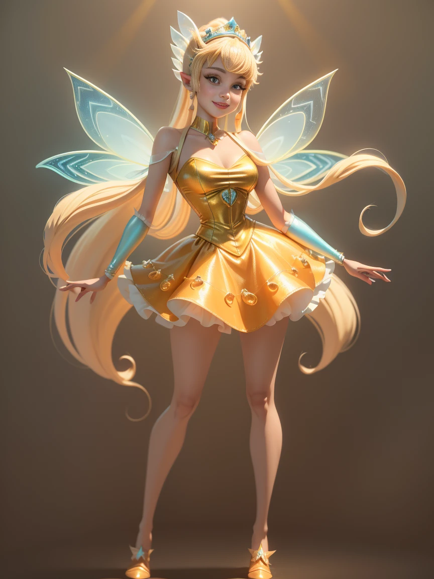 (masterpiece), (better quality), (ultra-detailed), (full body: 1.2), woman, teenager, fantasy universe, light and detailed mini dress, clear smile, full body, :3, clothes,ini Princess, simple pastel tone background, Little Fairy Wings