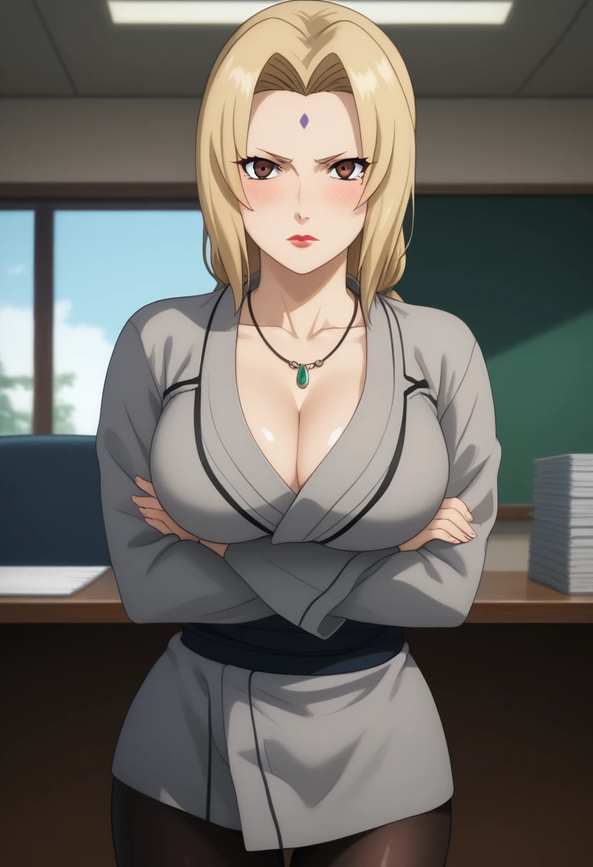 score_9,score_8_up,score_7_up,score_6_up,score_5_up,score_4_up BREAK skinny, big breasts, shiny skin,bokeh,bloom, indoors,light particles, office, 1girl, ((clear eyes)), Tsunade, (((blonde hair))), brown eyes, ((small purple rhombus on forehead)), medium lips, red lips, mature female, ((perfect model body)), ((necklace, green untied haori, grey kimono, deep neckline, black leggings )), wide hips, lewd look, model pose, blush, serious face, crossed arms