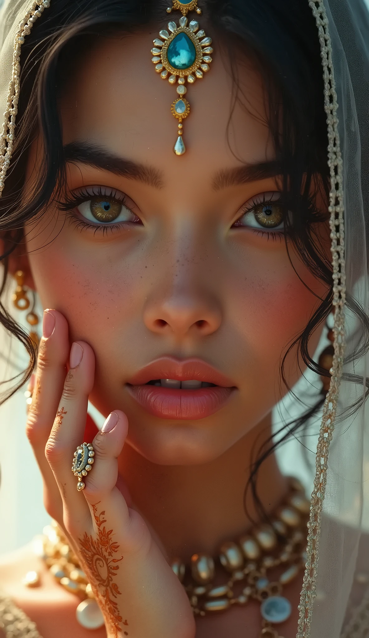 A close up of a woman wearing a veil and jewelry - SeaArt AI