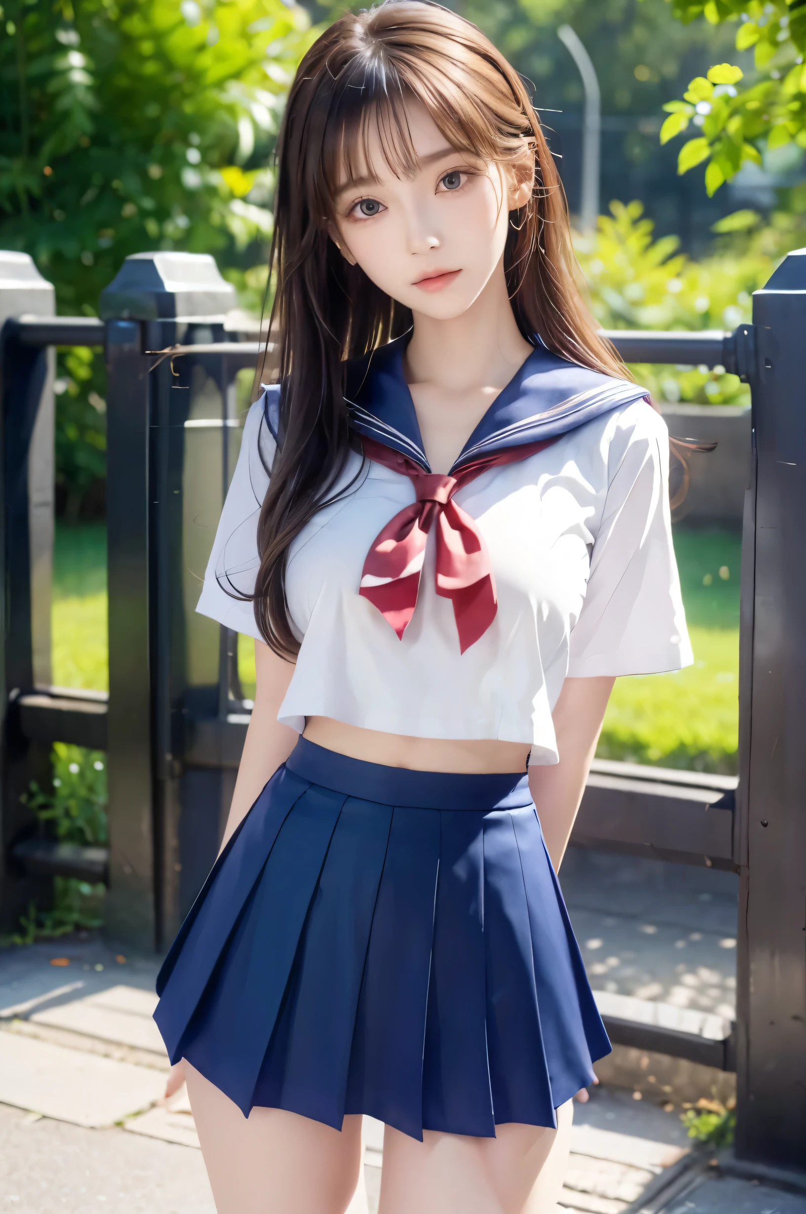 (Ultra HD), (Looking at me), (Short-sleeved sailor uniform, Navy blue mini skirt), Big Breasts, Super beautiful breasts, Slender, (Thin legs:1.2), (Thin thighs:1.2), (Thin Hips:1.4), (Beautiful Skin, Shiny skin, White skin), (Super slim face, Super beautiful face, No makeup, Smile:0.6), (Light Brown, Long Hair, Layered Cut, Fluffy hair), (Big eyes:1.3, High corners of the eyes:1.6, Double Eyelids), (Thin eyebrows:0.1), (Small Nose:0.6), (Thin lips:0.6), Beautiful Hands, Empty-handed, Standing, In front of the school gate