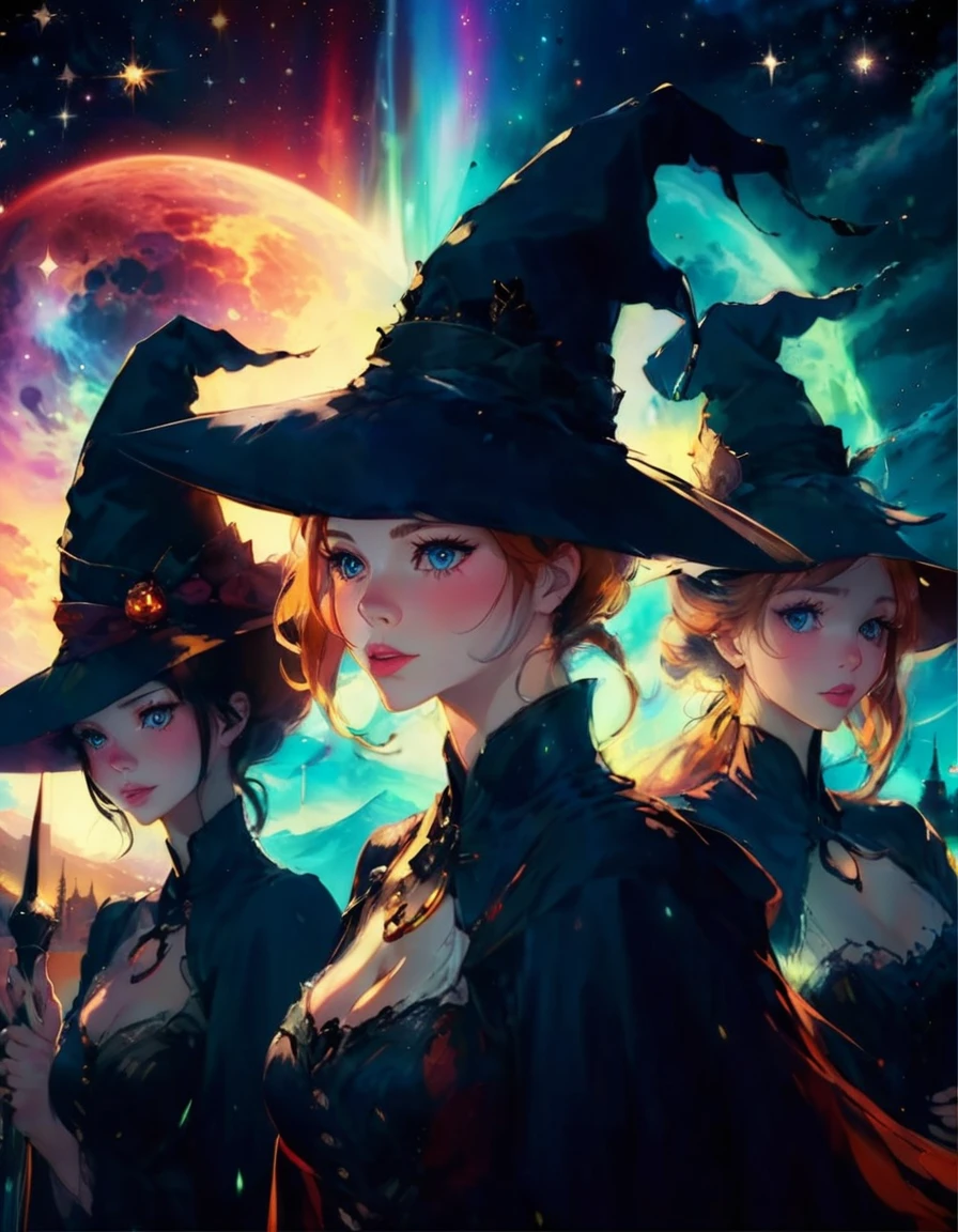 Group of sexy witches, witch hat, flying on broomsticks through a starry sky, their silhouettes illuminated by the shimmering aurora borealis. (perfect face:1.6), (perfect realistic skin texture:1.5), (perfect eyes:1.5), photorealism, dynamic lighting, dynamic angle.