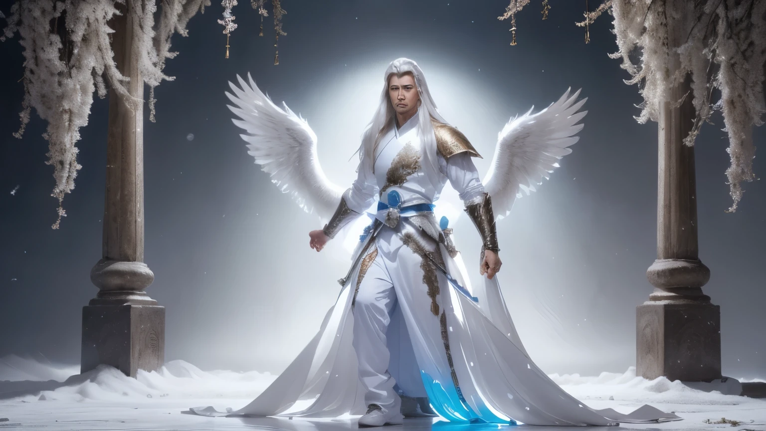 A full-body painting of a male immortal with sword qi, majestic and powerful demeanor. He has a tall stature, long white hair fluttering in the wind, sharp eyes like an eagle, deep gaze. His face is angular and cold. His white clothes, embroidered with exquisite patterns in silver thread, evoke a graceful and noble aura. In his hand is an ancient, long, exquisitely carved long sword, the sharp blade emitting a pale blue light, on the hilt are engraved ancient characters.
