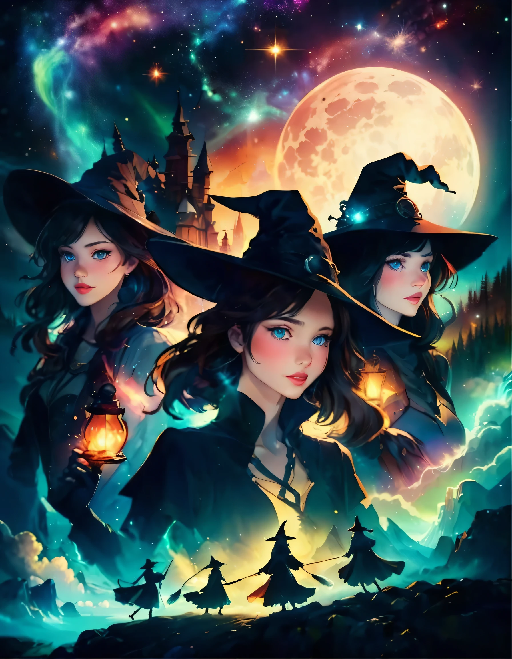 Group of sexy witches, witch hat, flying on broomsticks through a starry sky, their silhouettes illuminated by the shimmering aurora borealis. (perfect face:1.6), (perfect realistic skin texture:1.5), (perfect eyes:1.5), photorealism, dynamic lighting, dynamic angle.