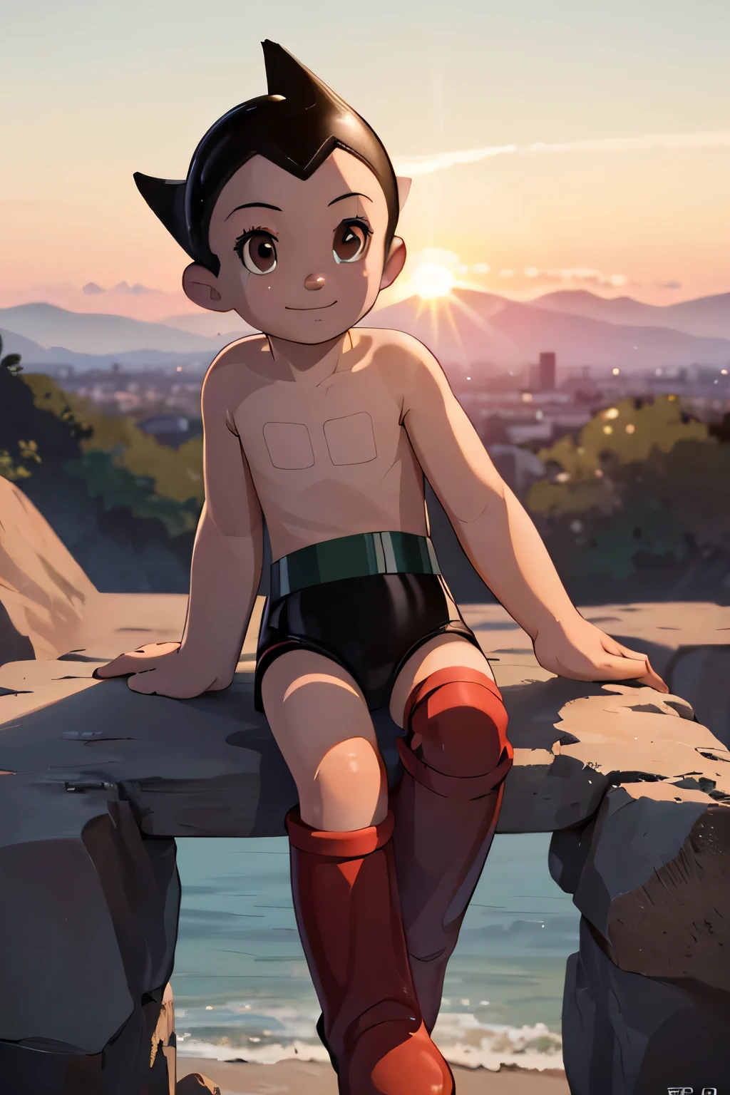 ((best quality)), ((masterpiece)), (detailed), solo, 1boy, perfect face, full body image of Astro Boy, looking out the window at metro city, brown eyes, wearing black boxers and red boots.