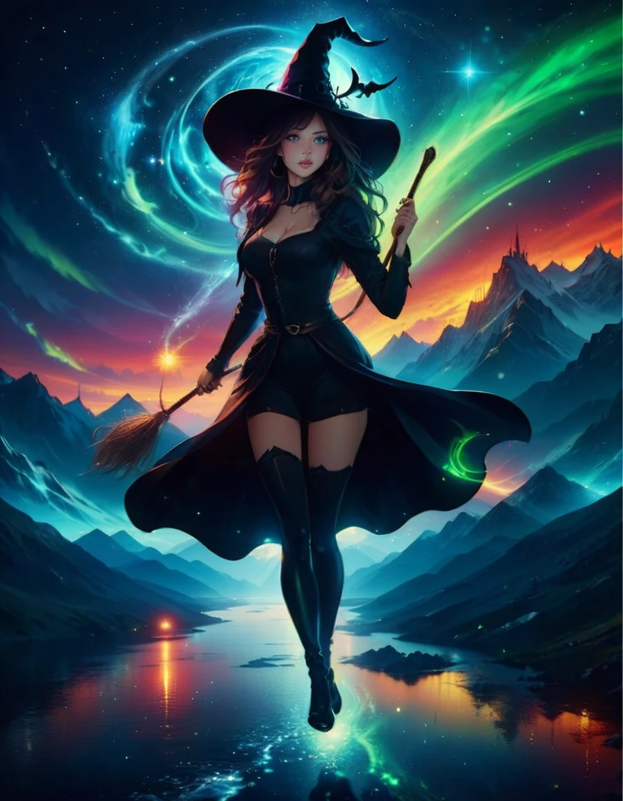 Group of sexy witches, witch hat, flying on broomsticks through a starry sky, their silhouettes illuminated by the shimmering aurora borealis. (perfect face:1.6), (perfect realistic skin texture:1.5), (perfect eyes:1.5), photorealism, dynamic lighting, dynamic angle.