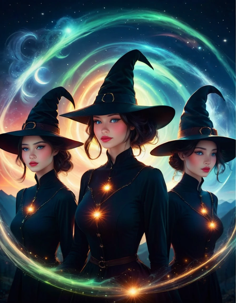 Group of sexy witches, witch hat, flying on broomsticks through a starry sky, their silhouettes illuminated by the shimmering aurora borealis. (perfect face:1.6), (perfect realistic skin texture:1.5), (perfect eyes:1.5), photorealism, dynamic lighting, dynamic angle.