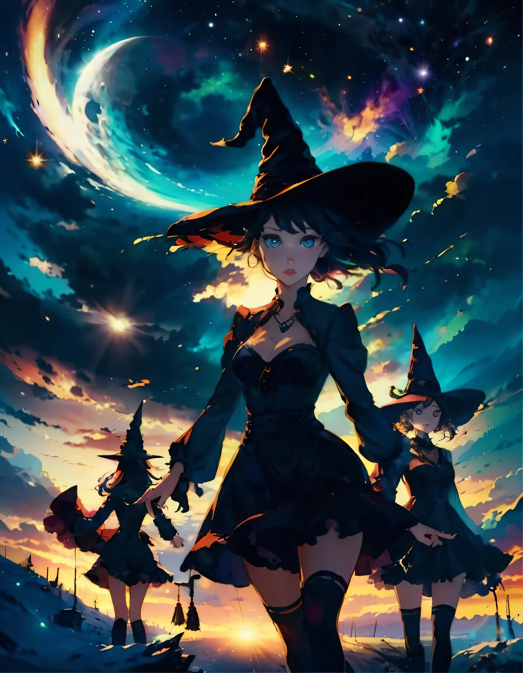 Group of sexy witches, witch hat, flying on broomsticks through a starry sky, their silhouettes illuminated by the shimmering aurora borealis. (perfect face:1.6), (perfect realistic skin texture:1.5), (perfect eyes:1.5), photorealism, dynamic lighting, dynamic angle.