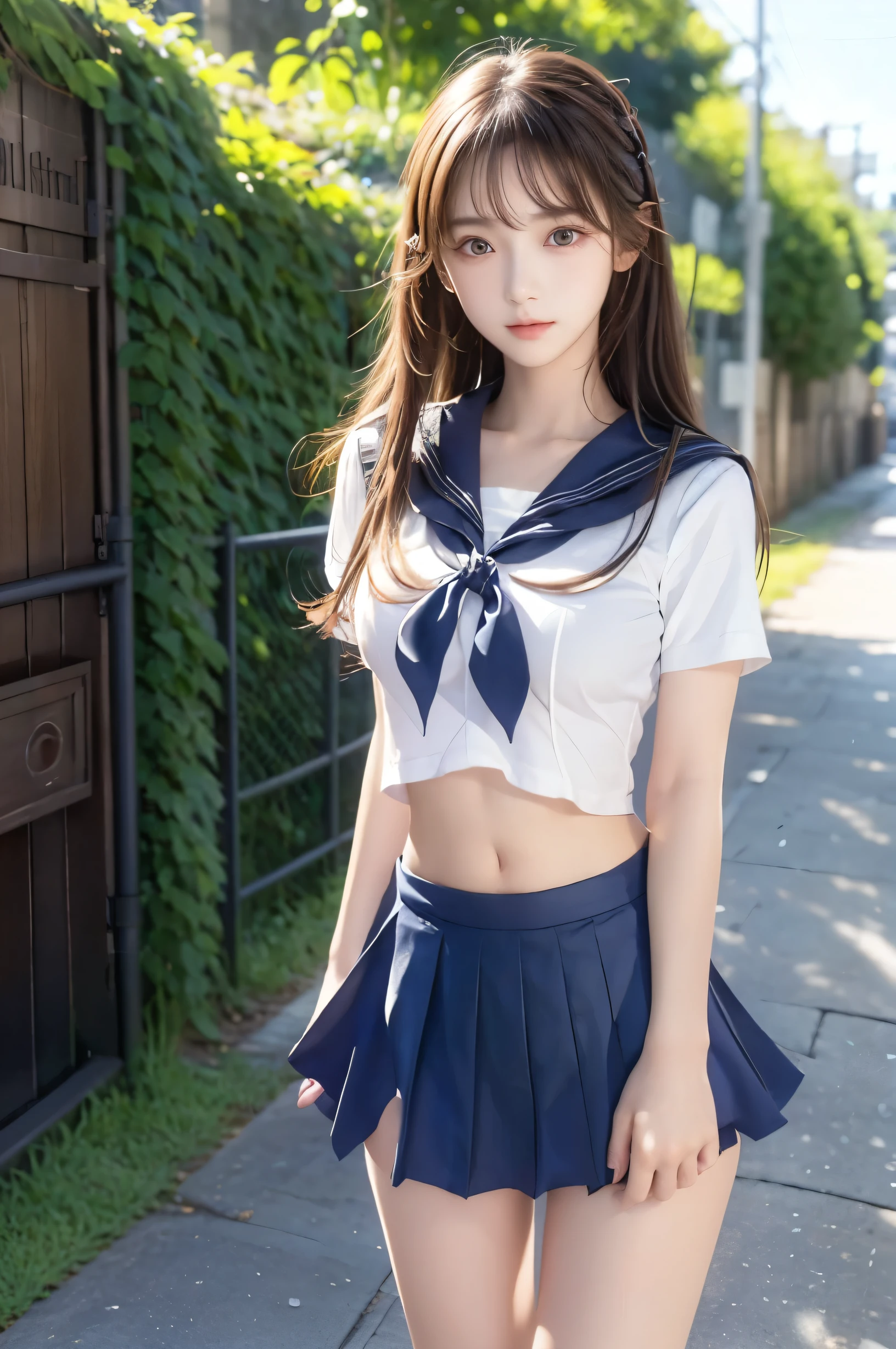 (Ultra HD), (Looking at me), (Short-sleeved sailor uniform, Navy blue mini skirt), Big Breasts, Super beautiful breasts, Slender, (Thin legs:1.2), (Thin thighs:1.2), (Thin Hips:1.4), (Beautiful Skin, Shiny skin, White skin), (Super slim face, Super beautiful face, No makeup, Smile:0.6), (Light Brown, Long Hair, Layered Cut, Fluffy hair), (Big eyes:1.3, High corners of the eyes:1.6, Double Eyelids), (Thin eyebrows:0.1), (Small Nose:0.6), (Thin lips:0.6), Beautiful Hands, Empty-handed, Standing, In front of the school gate