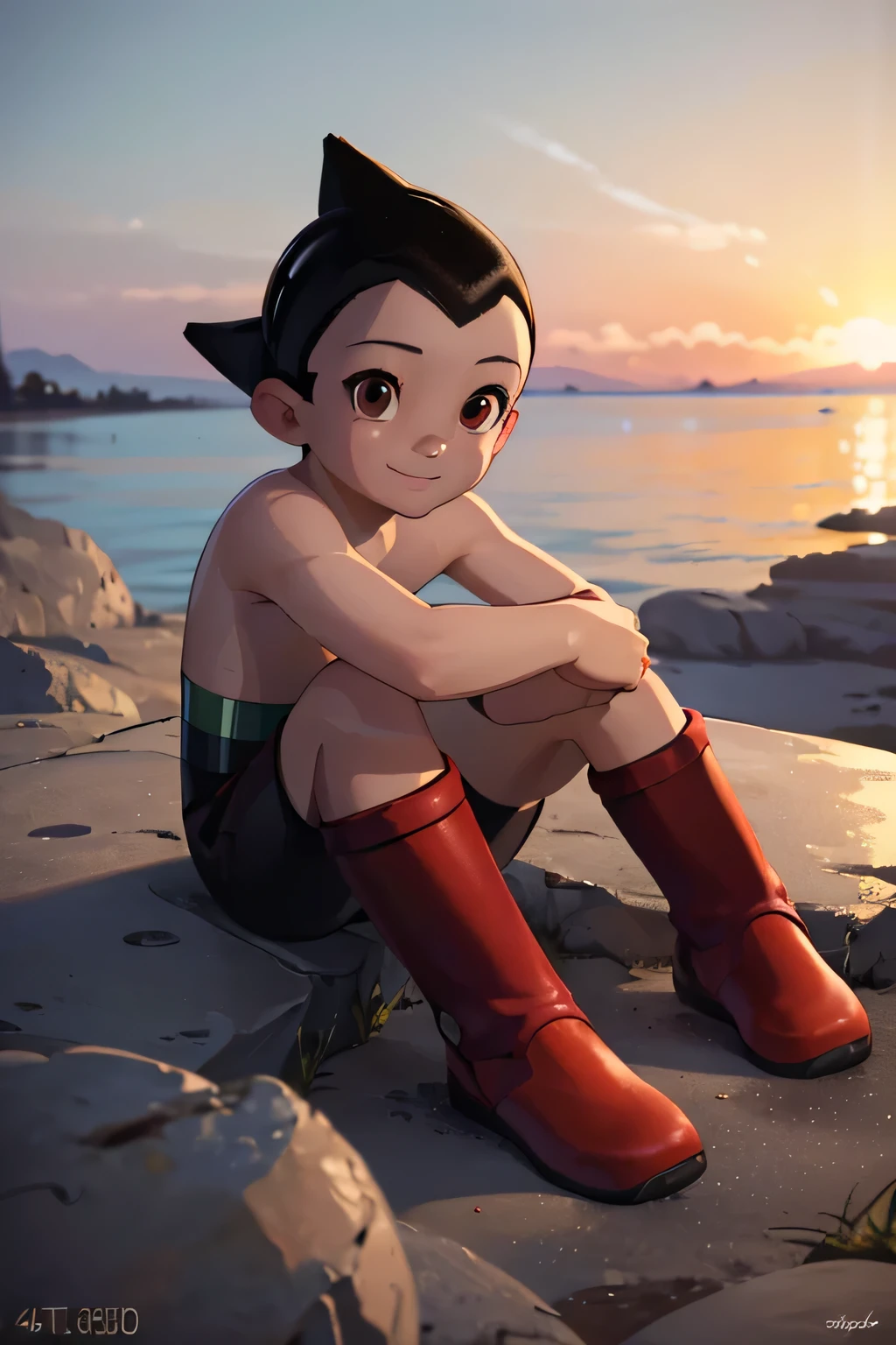 (best quality,4k,8k,highres,masterpiece:1.2),ultra-detailed,(realistic,photorealistic,photo-realistic:1.37),solo,1boy,detailed face,perfect face,Astro Boy,brown eyes,black boxers,red boots,cinematic lighting,vibrant colors, looking at the sunset, Smile, sitting 