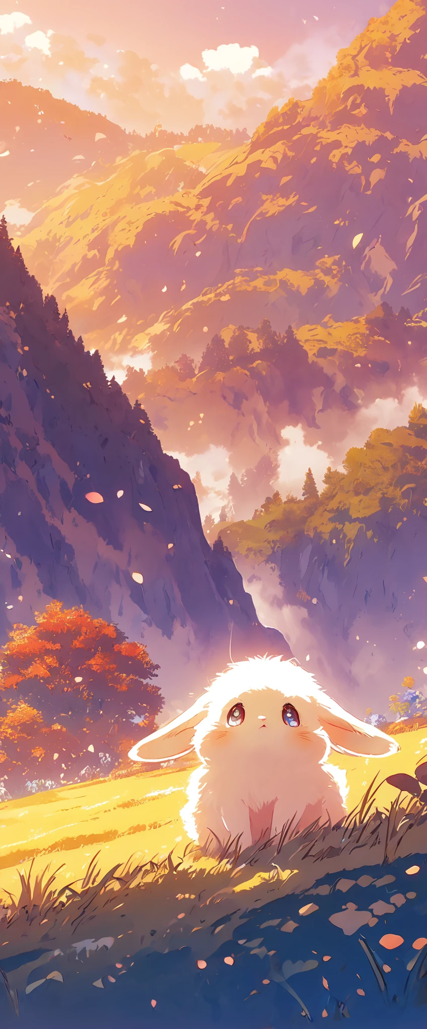 Create a close-up, animated illustration of a fluffy baby bunny sitting in a field . Emphasize the soft fur, big eyes, and twitching nose of the bunny. The background should be a gentle, highlighting the cuteness and innocence of the baby bunny, by makoto shinkai, anime beautiful peace scene, beautiful anime scene, anime background art, anime landscape wallpaper, anime countryside landscape, anime art wallpaper 4 k , anime art wallpaper 4k, beautiful anime scenery, anime art wallpaper 8 k, amazing wallpaper , Ultrawide cozy, Autumn , Fall, Forest