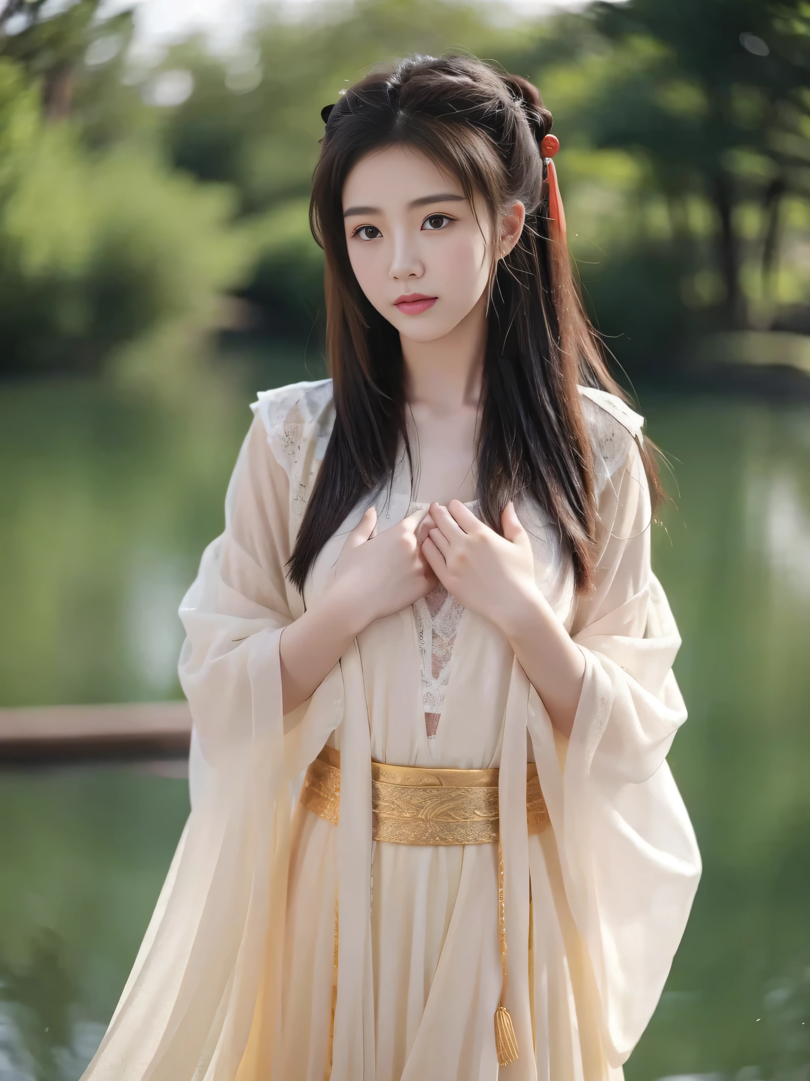 A beautiful Chinese girl，Hiding hands behind clothes，Medium length hair，bend over，Hands hidden behind，Upper body photo，The chest is abnormally full，Abnormally plump figure，Perfect body proportions