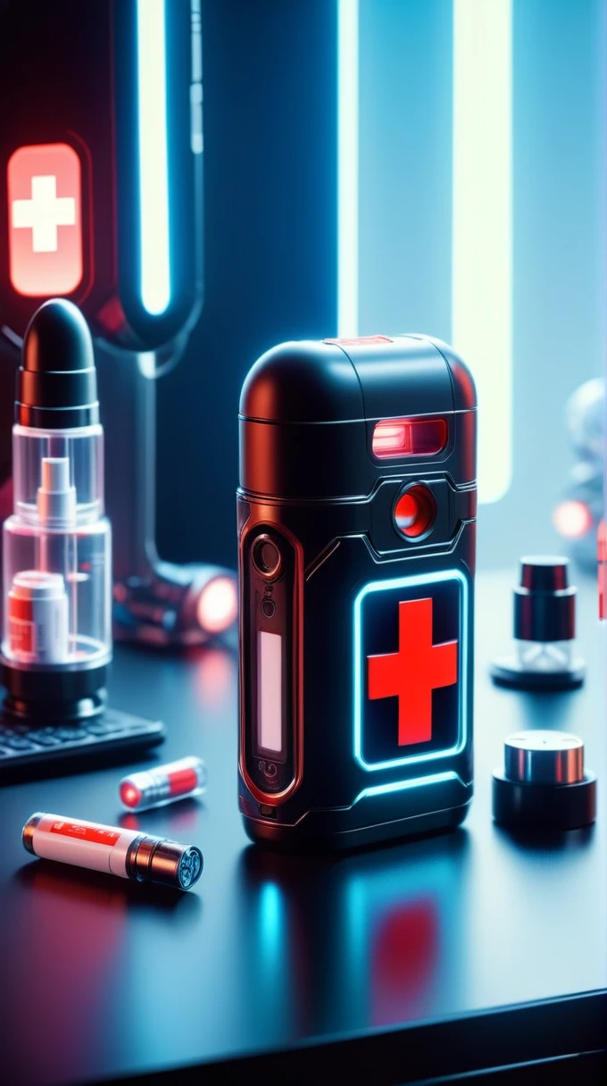 There is a small device, that is sitting on a desk CyberpunkWorld compact portable medkit inhaler with glowing red cross, cyberpunk, sci-fi, tech, 24mm, (analog, cinematic, film grain:1.3), Bokeh DOF, (Masterpiece:1.3) (best quality:1.2) (high quality:1.1)