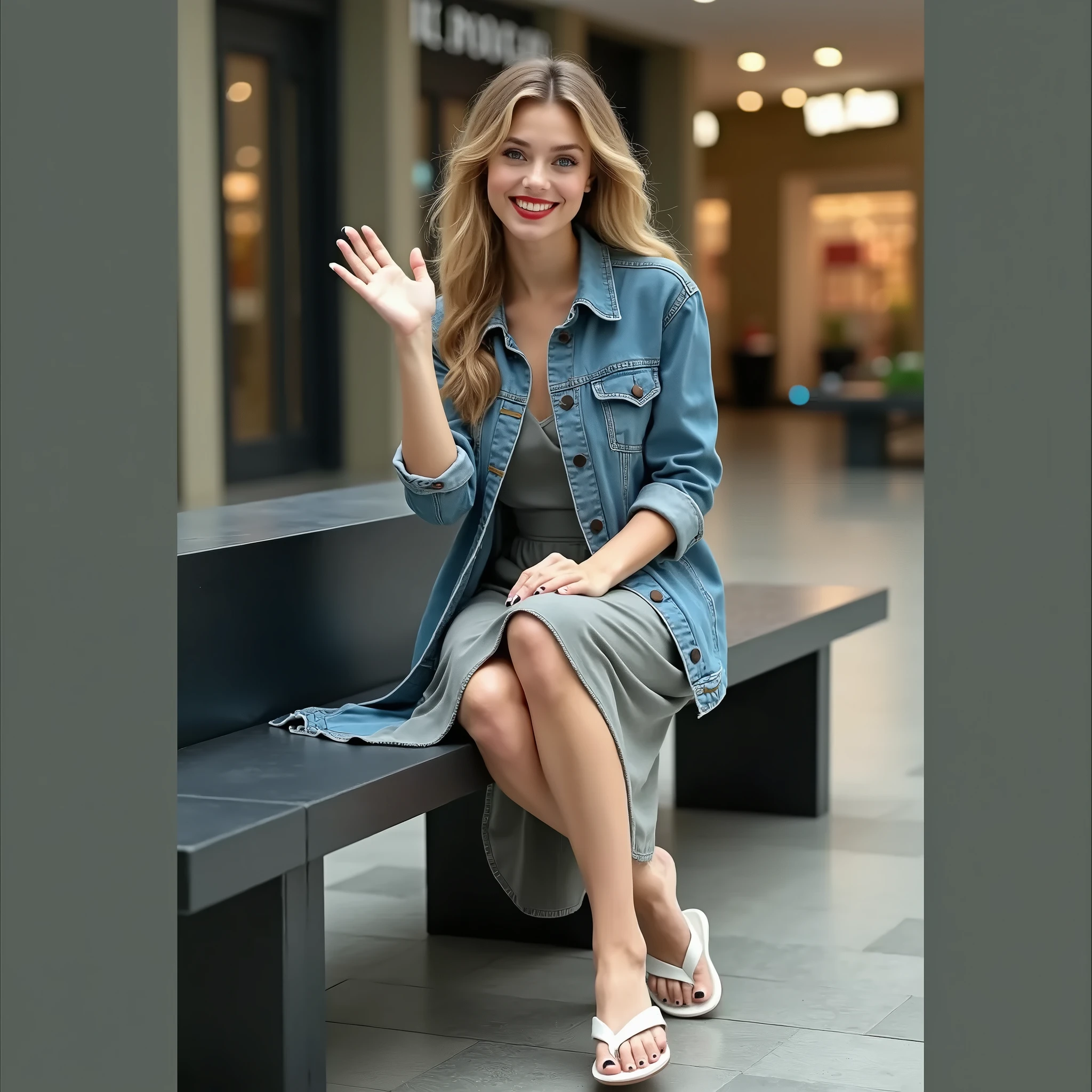 Lizzie Greene strying on sandals in a shop