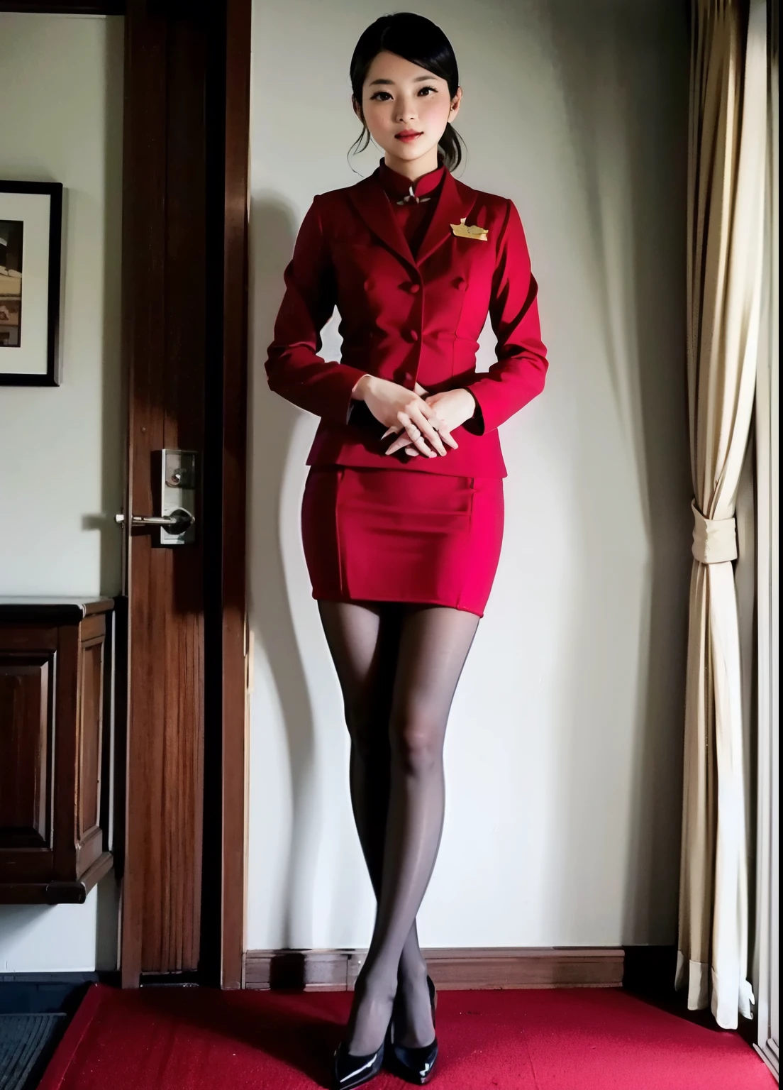 1girl,stewardess,red uniform,pantyhose,hotel room,realistic,high heels, pale skin,young female,Japanese girl,looking at viewer ,seductive smile, (masterpiece, high quality:1.2),full body,big breasts,panty,cleavage 