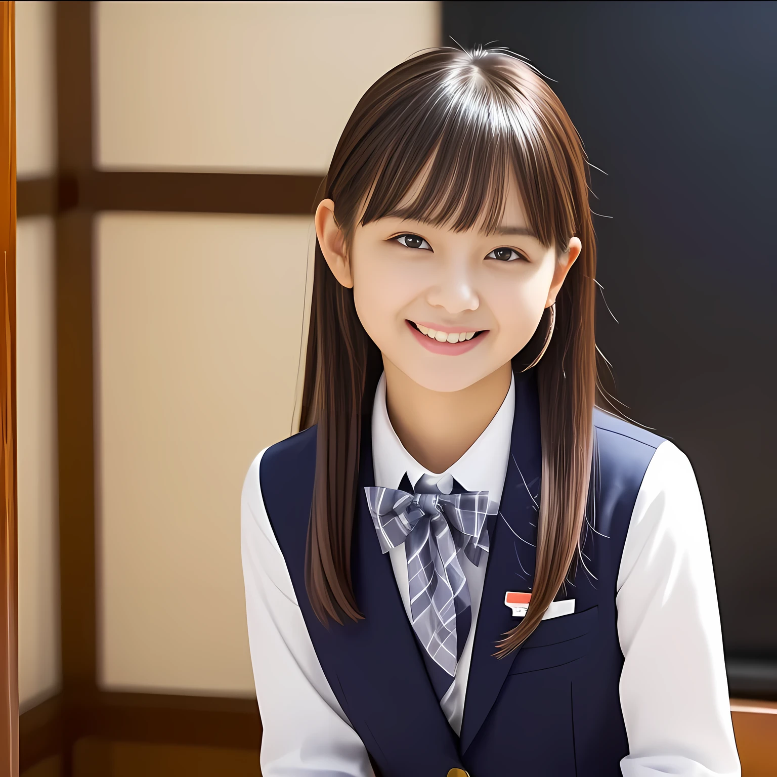 (Highest quality, masterpiece:1.2), Highest quality, High resolution, 1080P, 8k, height: 158cm, Solo, (Alone, A noble, graceful and intelligent kawaii **** Japanese too-white-skin straight-long-haired 2020's popular Japanese idle is seated and being interviewed and smiling at me with extreme beatitude, expressing her happiness to me with her kawaii supreme, promoting school uniform designed by Hanae Mori: 1.8), (background is complete black: 1.0), (Amazed, double-eyelids, completely balanced, brown wet large dreaming eyes with detailed beautifully: 1.6), (Drives me crazy for her navy-colored neat tartan checkered blue skirts and make me fall into her navy-colored tartan checkered skirt: 1.2), (Fine white skin that looks like she has never been out of home: 1.6), (Navy colored school uniform blazer: 1.6), (Navy blue pleated school uniform tartan checkered skirt: 1.5), (Plain-red school ribbon on the breast), (Light-Sky-blue background), (Girl whom everyone loves because of her beauty and neat school fashion and noble manner and magic-charm of succubus: 1.7), full body shot, (jolly face expression), (evenly cut curled bangs), in front of grand piano