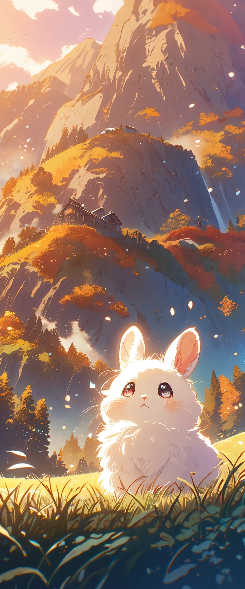 Create a close-up, animated illustration of a fluffy bunny sitting in a field . Emphasize the soft fur, big eyes, and twitching nose of the bunny. The background should be a gentle, highlighting the cuteness and innocence of the babyny, by makoto shinkai, anime beautiful peace scene, beautiful anime scene, anime background art, anime landscape wallpaper, anime countryside , anime art wallpaper 4 k , anime art wallpaper 4k, beautiful anime scenery, anime art wallpaper 8 k, amazing wallpaper , Ultrawide cozy, Autumn , Fall, Forest