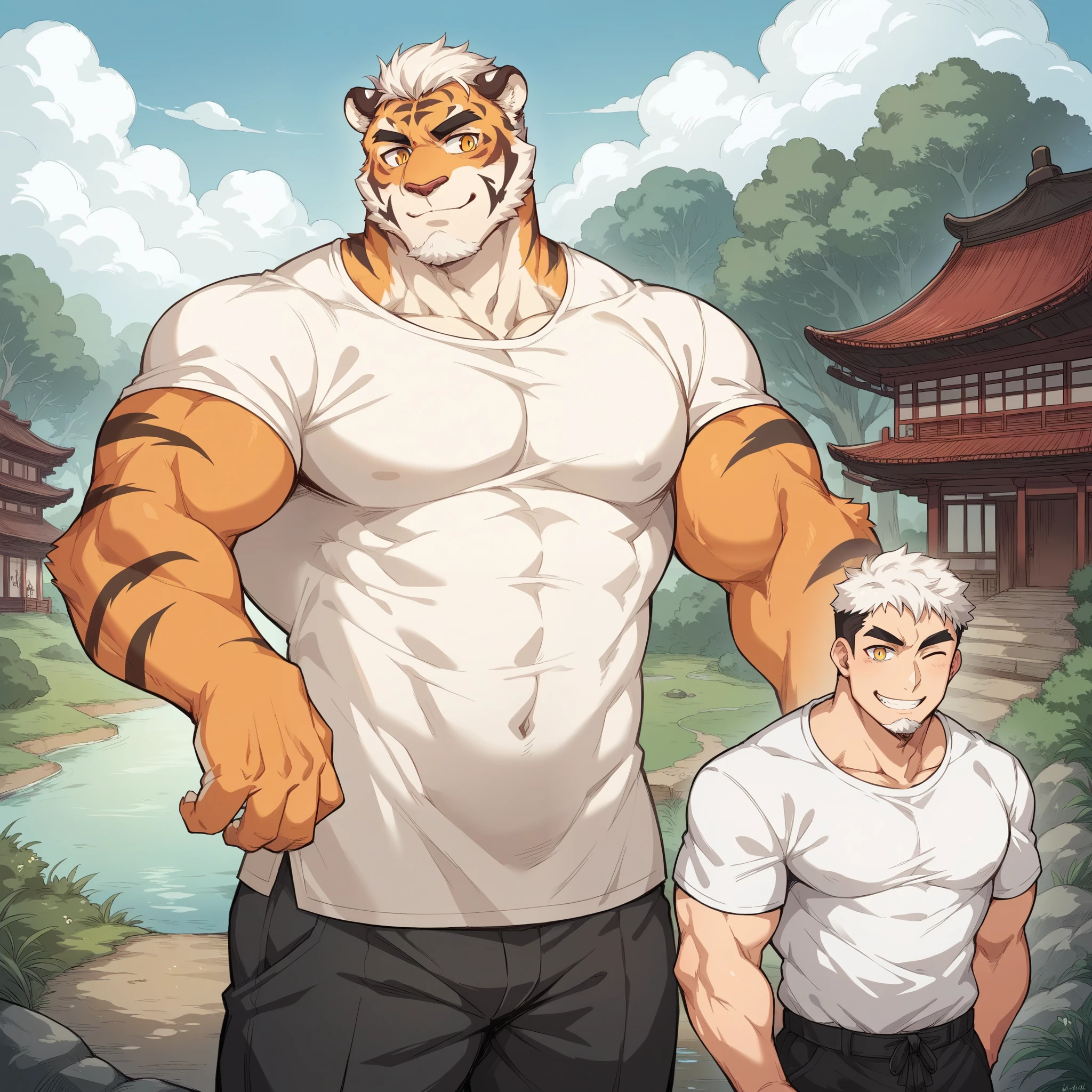 Scribble tiger face,Human(tiger),(White shirt:1.3),Muscular,(Black eyebrows:1.1),(White hair)，（Perfect golden eyes）,Orange fur，White belly，（artist:Takemoto Arashi），Ancient Town，River Water，Standing on the bridge，Turn sideways，（white beard:1.3），（Hips raised:1.3），Smile，Close one eye