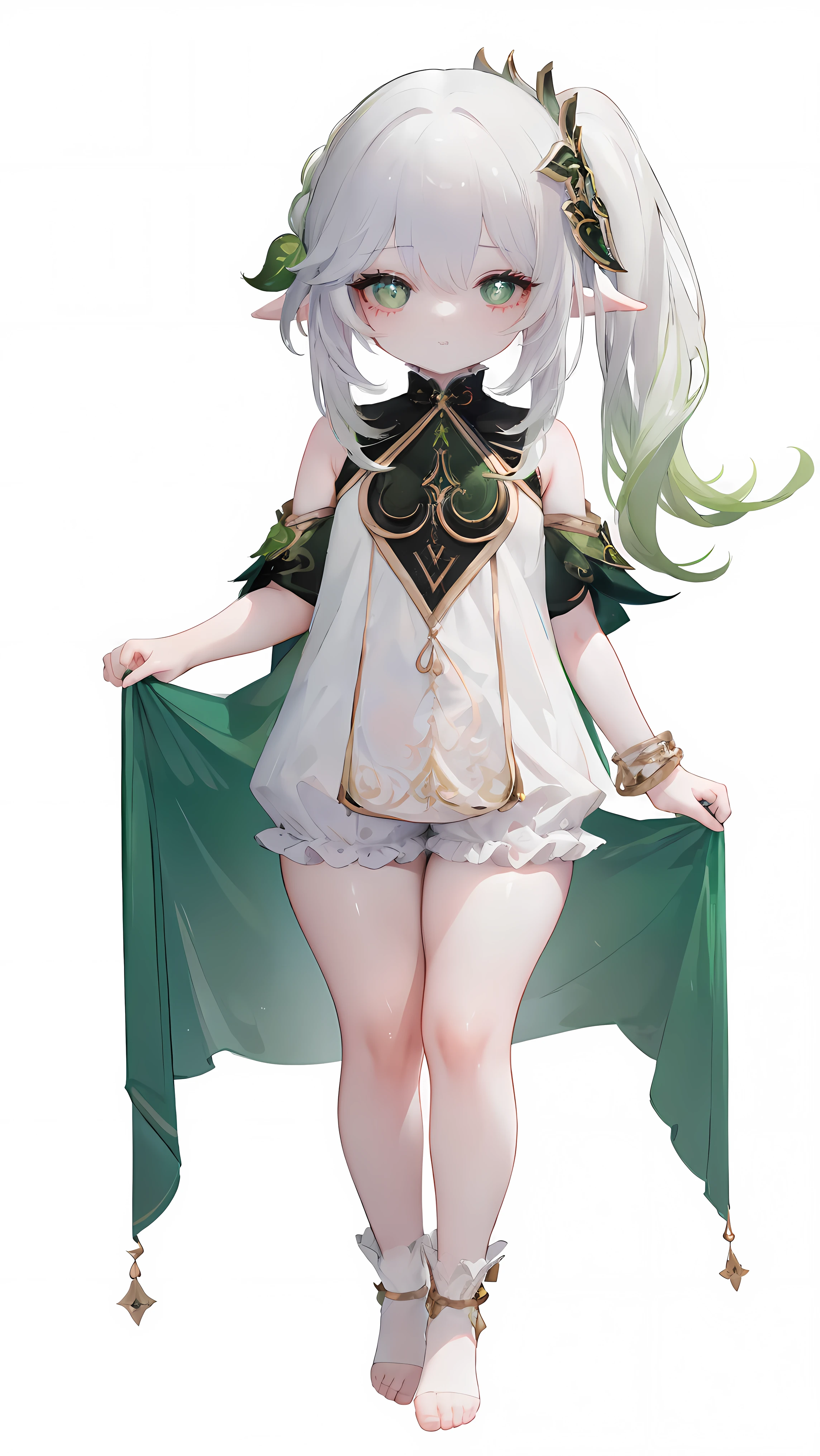 Thick thighs,Nahida,, , ,chilt chest, fullbody, head to toe capture on the frame,thick thighs, thick thigh, lolitoes, thick thighs, bloomers,standing straight,white background, cute girl, cute , one piece uniform