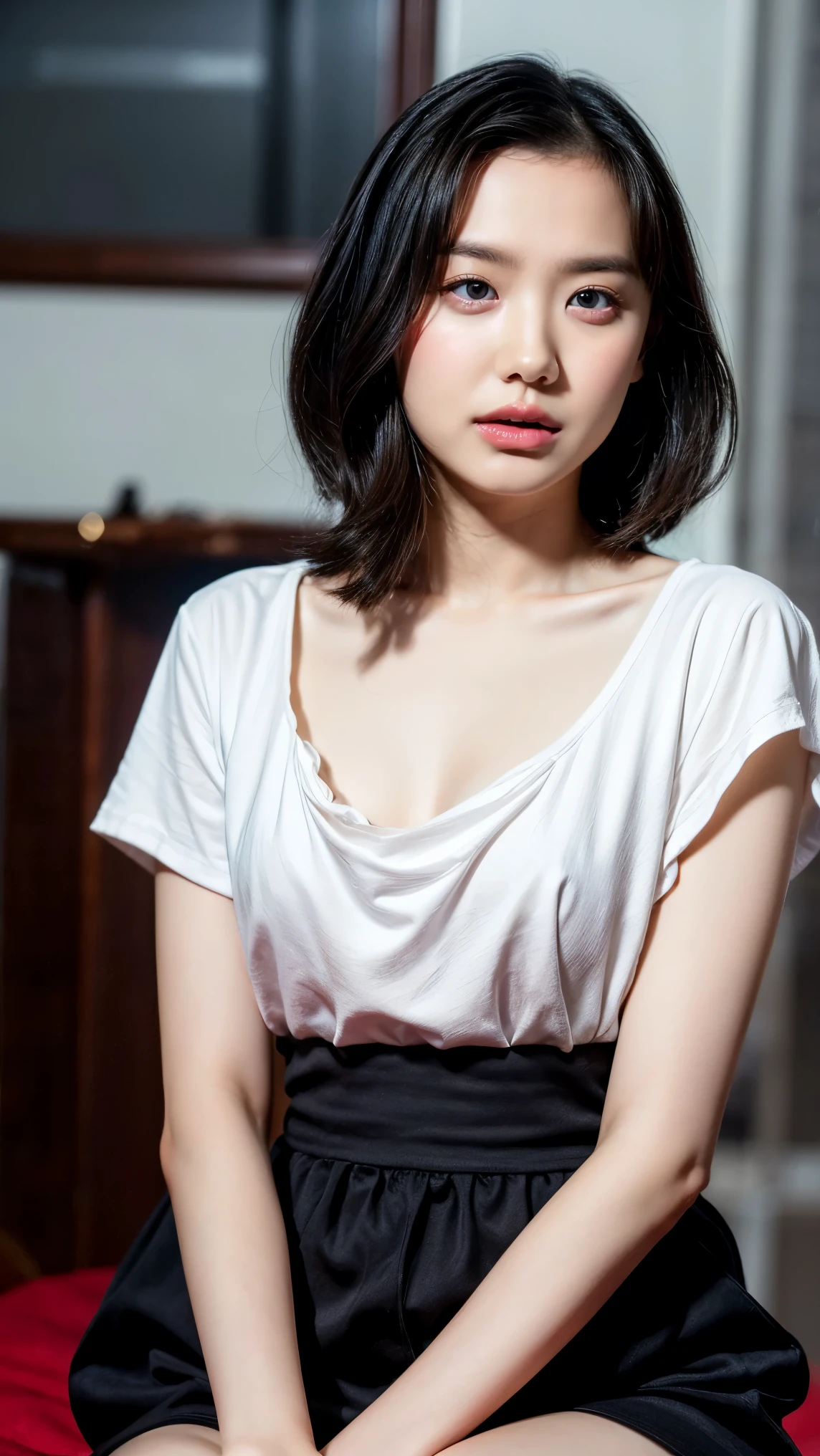 Highest quality、masterpiece、Ultra-high resolution、(Realism:1.4)、1 girl、In a pale background、Deep Shadow、Low Key、Shortcuts、Upper Body、sex appeal、Wearing a shirt