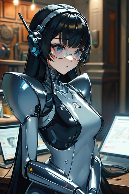 (masterpiece),(Highest quality),(Super detailed),(Best illustrations),(Best Shadow),(Absurd),(Detailed Background),(so beautiful), 16K, 8K, 4K,(Best Shadow),robotization,woman ,big bust,Robot Joint ,Metal skin,Black robot Suit,long hair,a black robot suit that covers the whole body,robot hand,cyber bodysuit,mecha head,(Detailed hands and fingers:1.2),Ball joint robot body,doll joint,beautiful face,beautiful robot girl,robotic eye,robotic hands,(no more human skin),android girl,cyborg girl,F cup, sexy body,(machine made joints:1.2),(machanical limbs:1.1),(blood vessels connected to tubes),(mechanical vertebra attaching to back),(mechanical cervial attaching to neck),no messy picture style