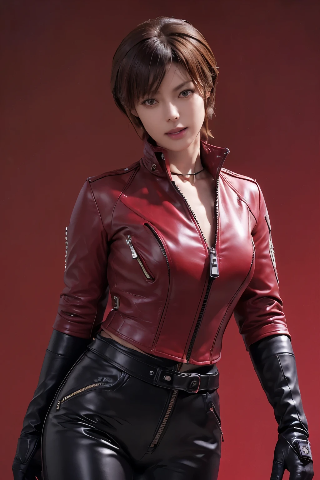 (Realism:1.4),Resident Evil 6,Ada,Short Hair,No background,The most beautiful stars,Stand up your collar,Anatomical basis,Realistic skin texture,Perfect Anatomy,Anatomically correct hands,Anatomically correct fingers,Complex 3D rendering,Pink Lips,she is Wearing ((long sleeve rider jacket(vivid red leather))(((close the zipper tightly)))) and ((one waist belt)(Black leather)(metal buckle)) and ((Skinny long pants(Black leather))) and ((((gloves)))(black leather)),intelligent and beautiful star model,(chin is thin),Costume made of thick leather fabric,(G cup breasts)(slender body shape)(Black leather gloves cover both hands) ,younger face,smile open face,