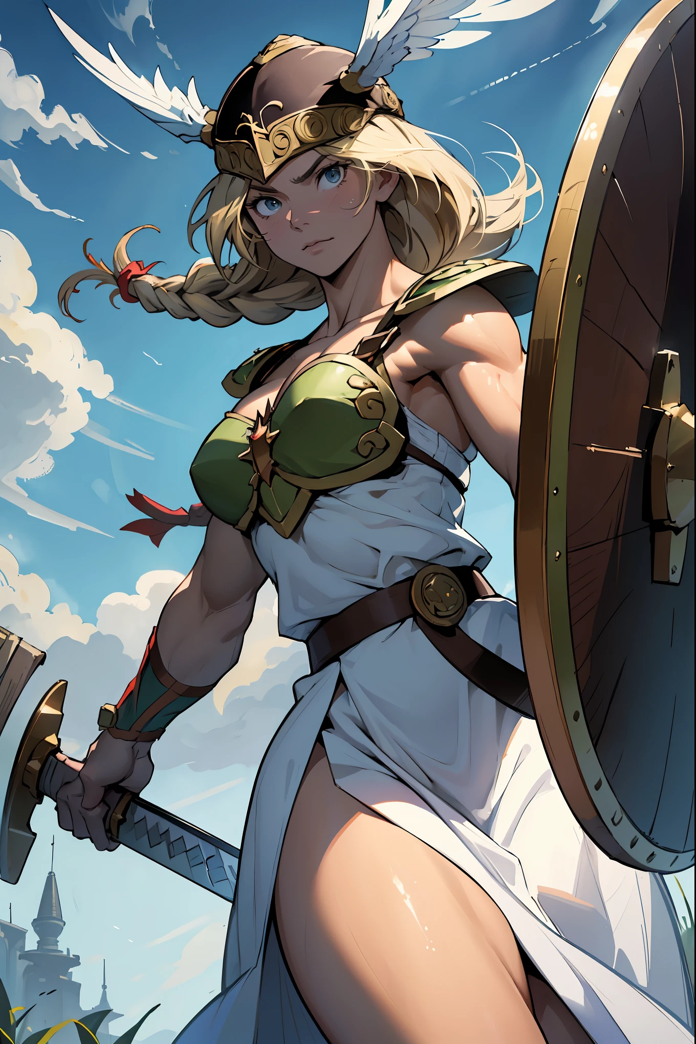 (ultra high quality:1.2), (high resolution:1.3), (masterpiece:1.1), exquisite, absurd, 1girl, (:1.2), cowboy shot, full body shot, solo, vndvalkyrie, cute face, (beautiful detailed big eyes), expressionless, mouth closed, looking at viewer, single braid, rage, A muscular body with plenty of feminine fat, (gigantic female breasts), big ass, running, wielding sword and shield, winged helmet, armored dress, clouds, tall grass, battlefield, cinematic lighting, chiaroscuro, deep shadows, backlighting, deep focus, sharp focus, dramatic Shadows, finely delineated, dramatic angle, hyper detail, perfect anatomy, detailed background, huge muscles, biceps, triceps, forearm muscles, deltoids, trapezius, pectoralis major, latissimus dorsi, oblique muscles, upper rectus abdominis, lower rectus abdominis, external obliques, thigh muscles, gluteus maximus,