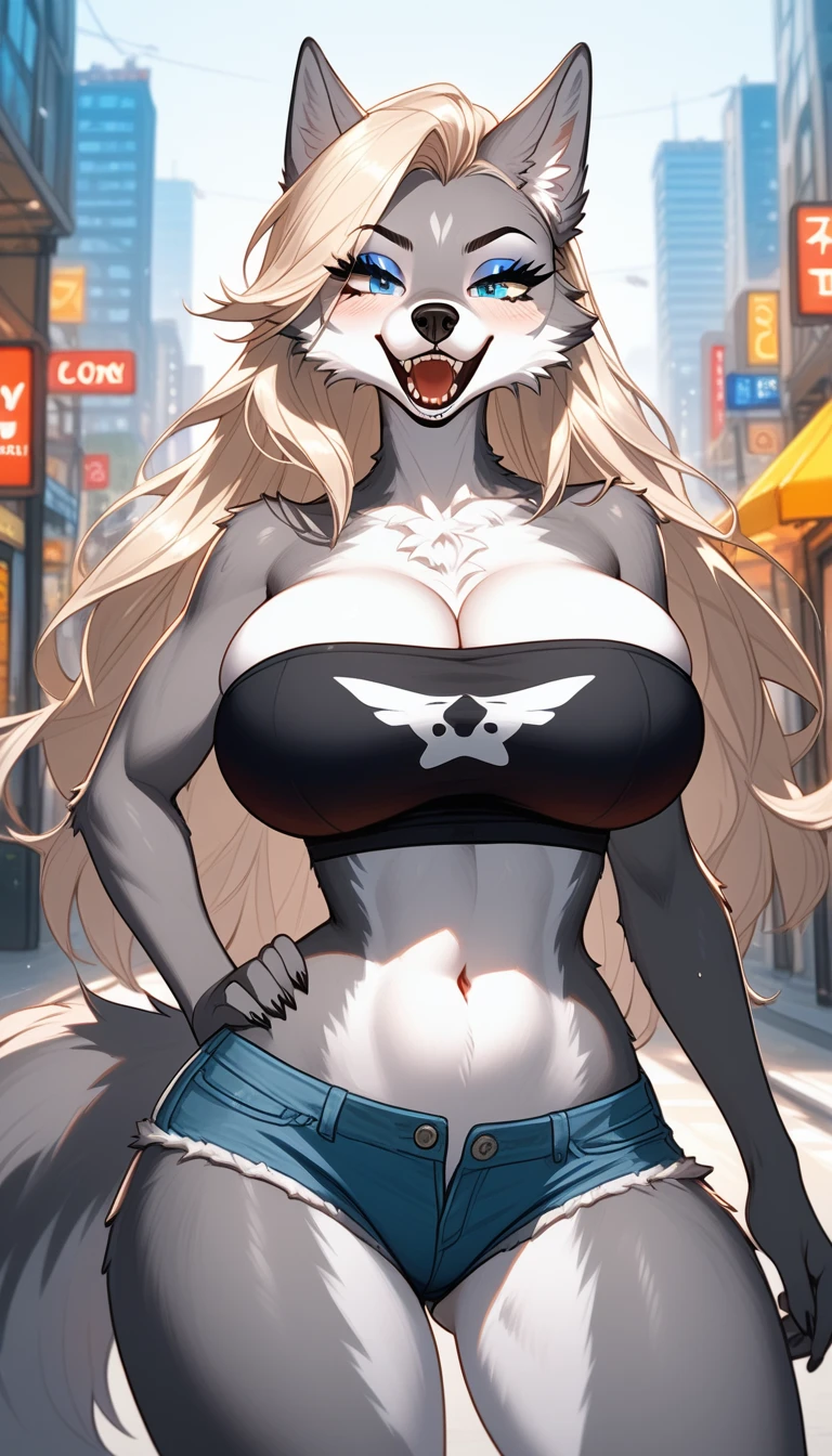 score_9,score_8_up,score_7_up, (source_furry:1.3), (a tall female furry wolf anthro), canine furry, gray snout, black canine nose, blue eyes, voliptuous, short spiked undercut platinum blonde hair, black lips, wolf tail, wolf ears, in heat, sharp canine teeth, front view, long hair, gray fur, wide hips, curvy huge breasts, canine furry girl, tail, wolfgirl furry with dark gray fur, wolf anthro girl, standing, slutty cutoff-hotpants, open fly, tube top, voluptuous, curvy, wide hips, city, bimbo, slutty, makeup, eyeshadow, fishnet, (print on top that says "Bitch"),