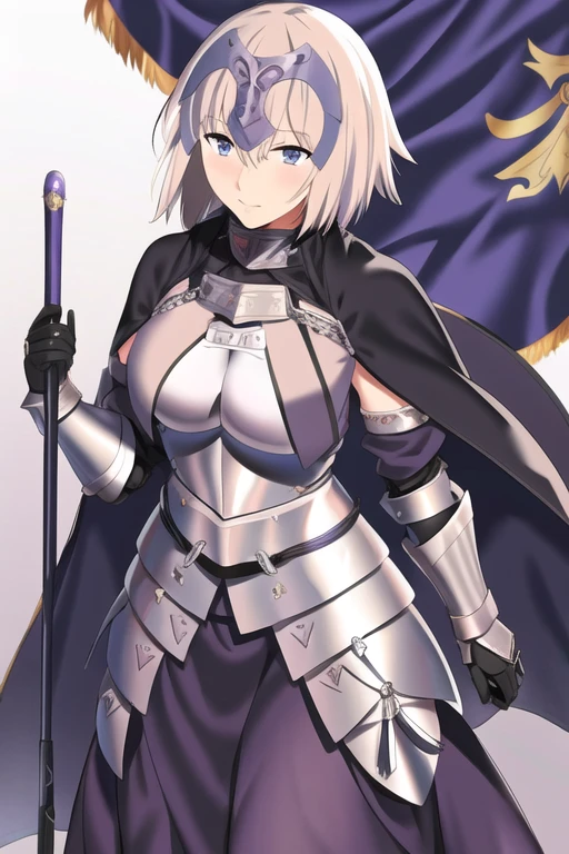 masterpiece, best quality, 1girl, jeanne d'arc (fate), jeanne d'arc (ruler) (fate), armor, armored dress, cape, cloak