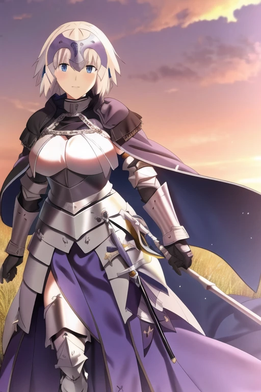 masterpiece, best quality, 1girl, jeanne d'arc (fate), jeanne d'arc (ruler) (fate), armor, armored dress, cape, cloak