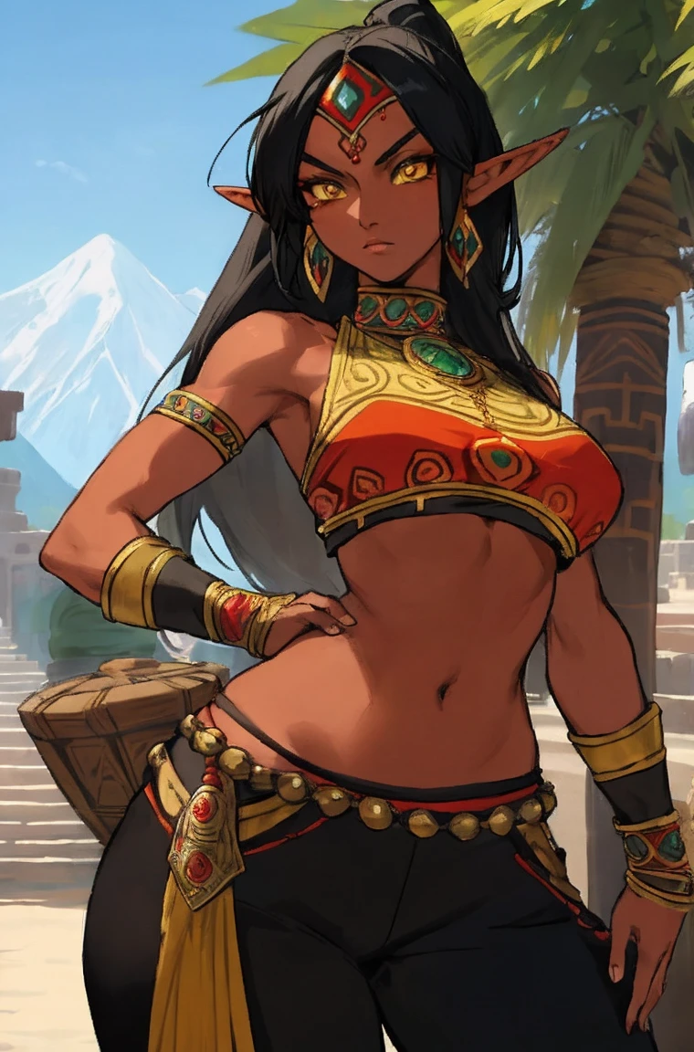 1girl athletic gerudo, elf ears, yellow eyes, black hair, (dark skin:0.7), (detailed face:1.1), portrait travelling merchant very wide hips, big breasts, aztec style outfit, long pants outdoors, masterwork, best quality, highly detailed