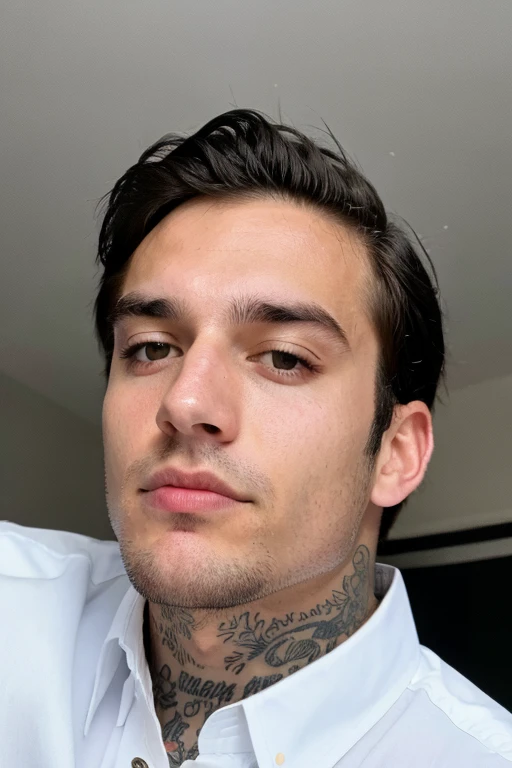  A man e-boy young selfie 2022 handsome attractive American 2 tired expression American neck tattoo White skin Seductive expression.      white dress shirt 