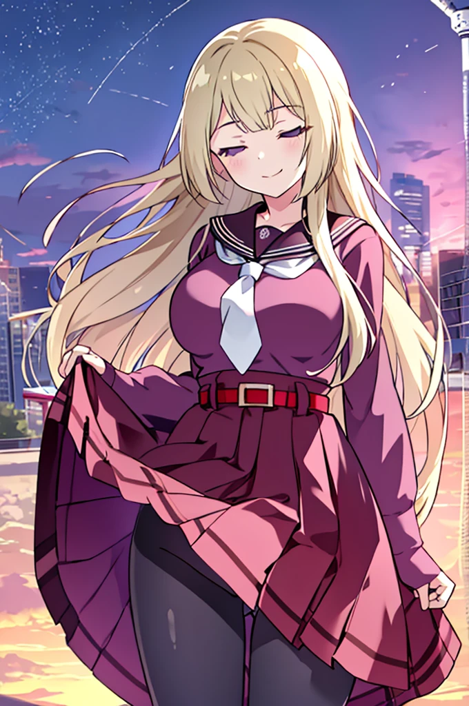 highres,masterpiece, best quality, 1girl, solo,purple eyes,( half-closed eyes:1.2),  smirk,outdoors,(skirt lift by myself:1.2), standing, cowboy shot,looking at viewer, large breasts,sunset,
miyagawa_ takane, kanbauniform,high-waist skirt, belt, pantyhose, necktie,
